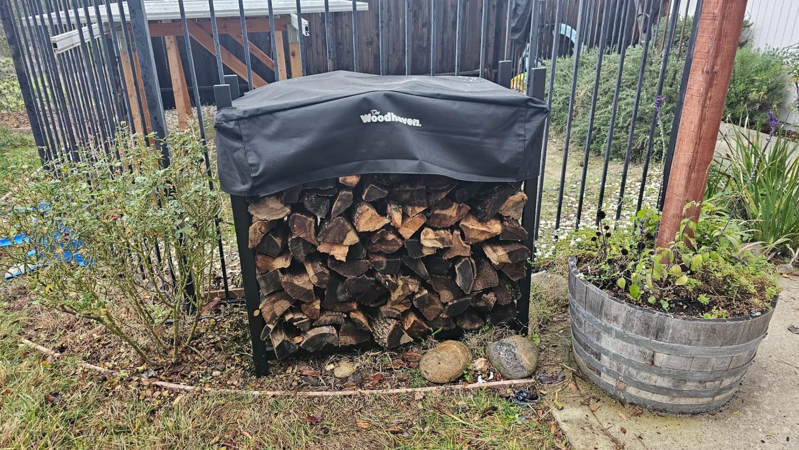 Woodhaven Black 4 Foot - Heavy Duty Made In USA - Indoor Outdoor - 1/4 Cord Firewood Storage Log Rack With Seasoning Cover Combo Set - Metal Log Storage - 48