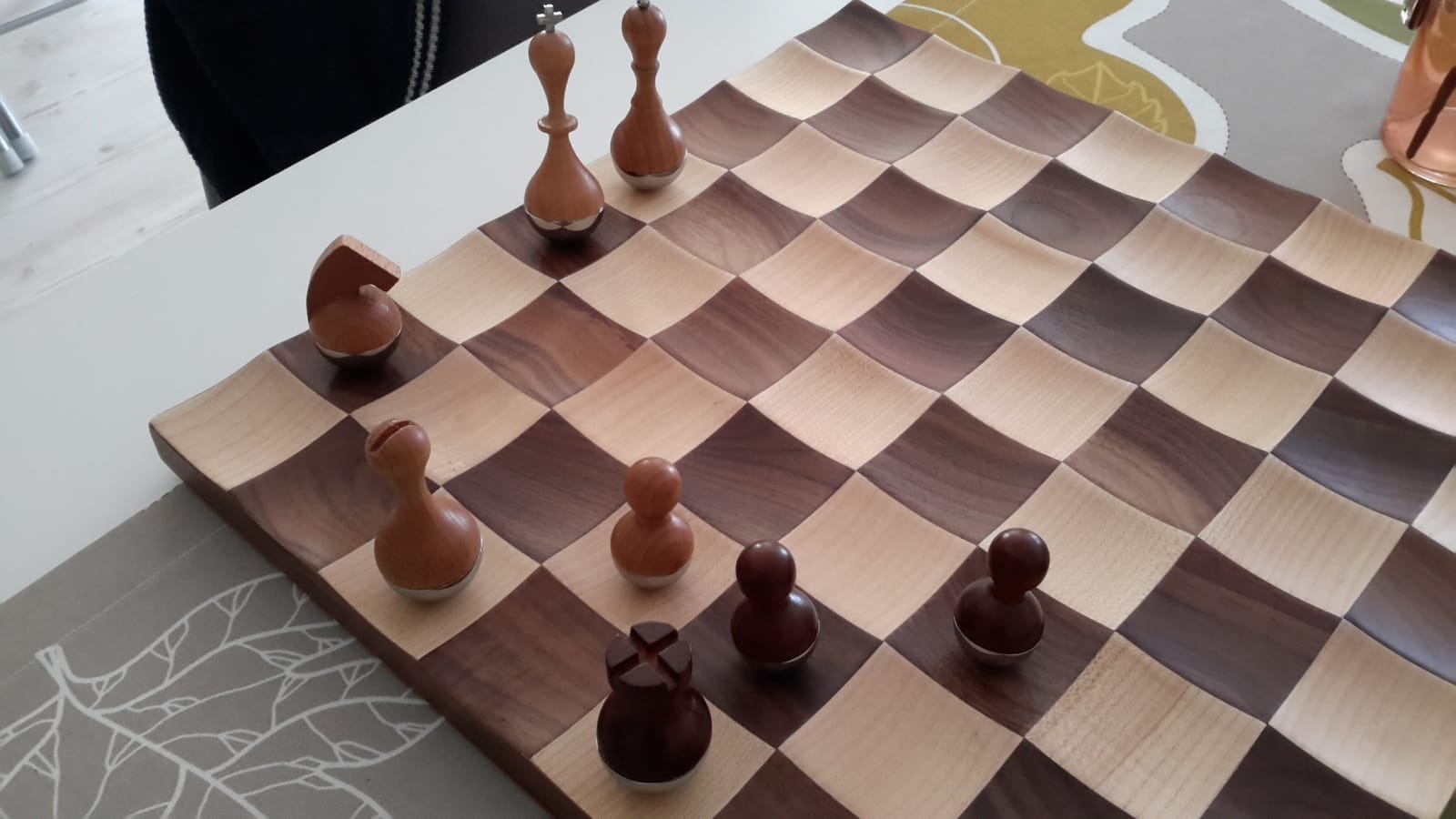 Umbra Wobble Chess Set, Walnut and Maple Wood Board, 15x15-Inch, Walnut | Chrome plated details, weighted playing pieces, interactive concave design customer photo 1
