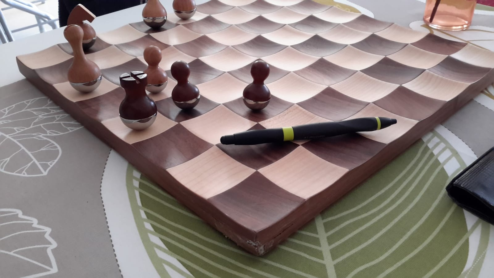 Umbra Wobble Chess Set, Walnut and Maple Wood Board, 15x15-Inch, Walnut | Chrome plated details, weighted playing pieces, interactive concave design customer photo 2