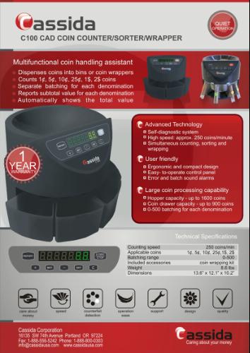 Cassida C100 Electronic Coin Sorter/Counter, Countable coins 1c, 5c, 10c, 25c, 250 coins/min, 110 VAC customer photo 2