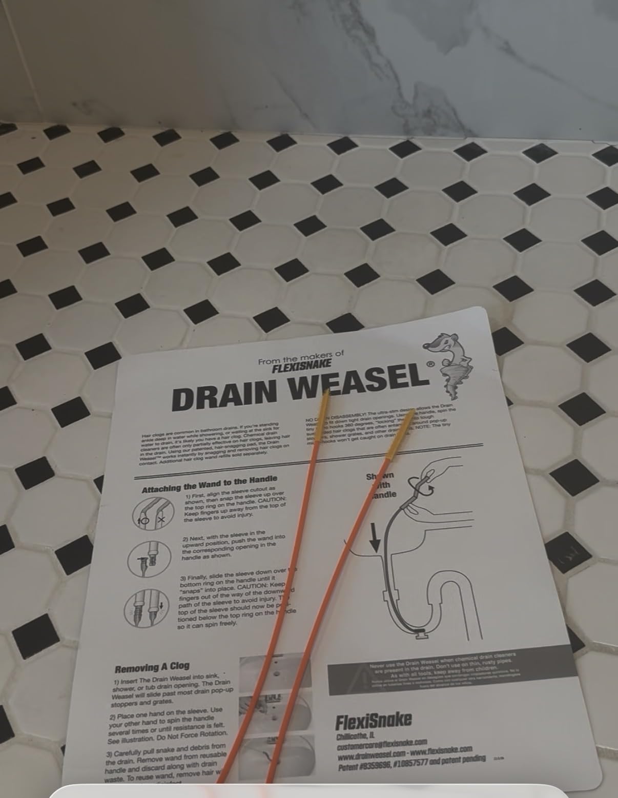 Flexisnake Drain Weasel Hair Clog Remover Kit - Plumbing Snake Auger for Cleaning Shower, Bath Tub, Bathroom Drains with Rotating Handle and 5 Disposable Wands, Made in USA customer photo 1