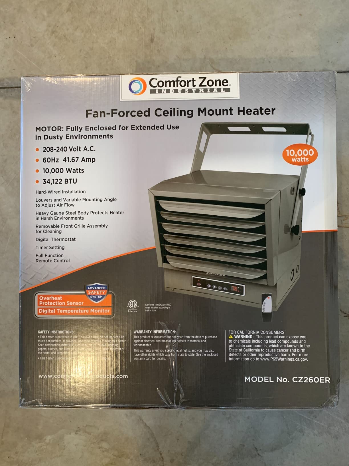Comfort Zone Hard-Wired Digital Ceiling Mount Heater with Full-Function Remote, 10,000 Watt, 240 Volt, Fan-Forced, Overheat Protection, Thermostat & 12-Hour Timer, Ideal for Garage & Workshop, CZ260ER customer photo 2