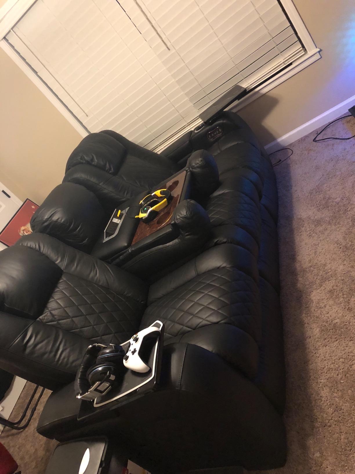 Seatcraft Anthem Home Theater Seating Black Sofa with Fold Down Table | Italian Leather, Powered Headrest, Power Recline, USB-A charging, Fold-Down Table customer photo 2
