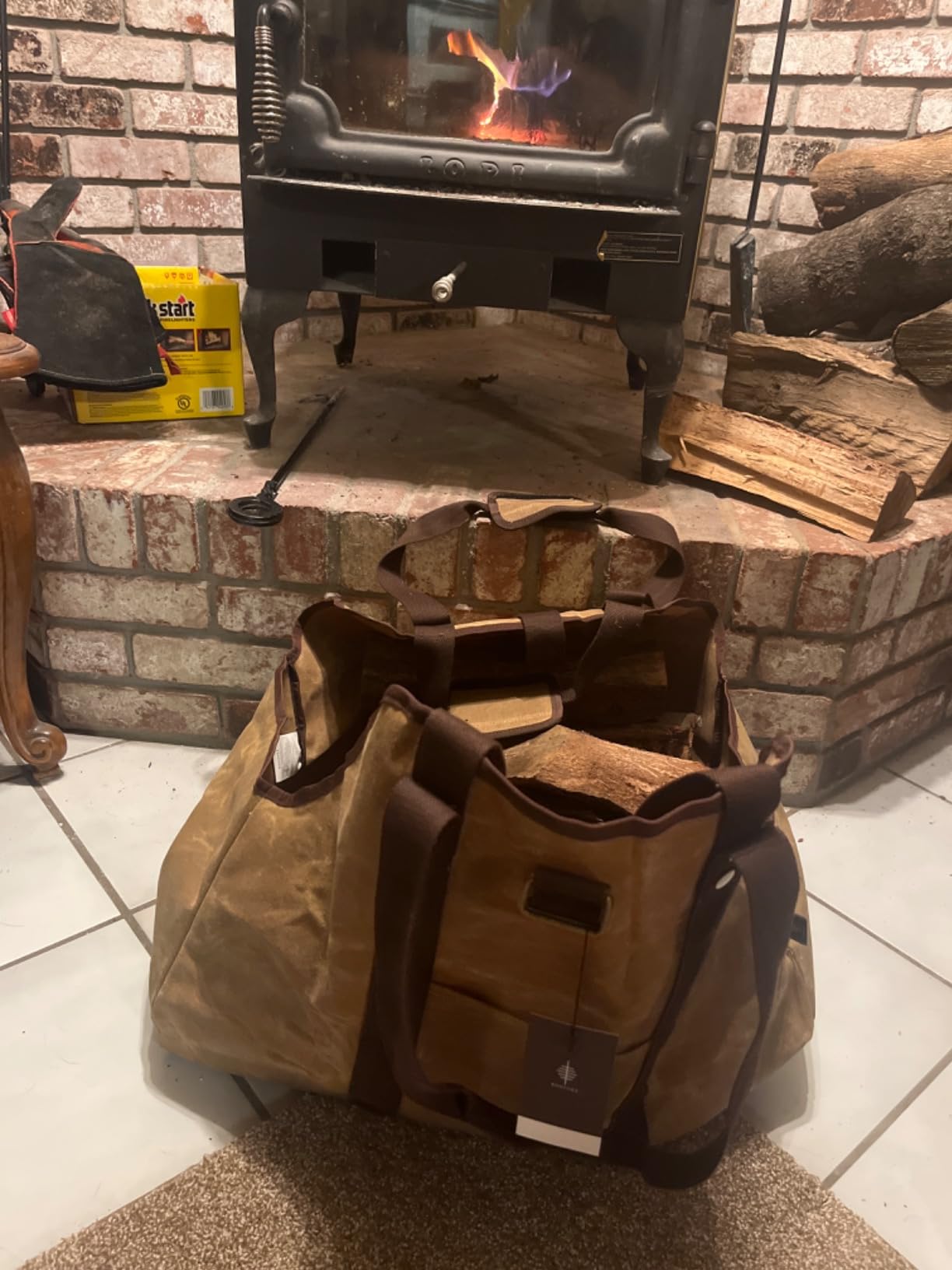 BONTHEE Firewood Carrier Bag Waxed Canvas Waterproof Extra Large Log Carrier Holder Freestanding Tote Bag for Firewood customer photo 1