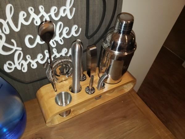 Mixology & Craft Cocktail Shaker Set with Dark Bamboo Stand - Professional 10-Piece Bartender Kit - Complete Bar Set & Cocktail Mixer Kit for Home (Gold) customer photo 2
