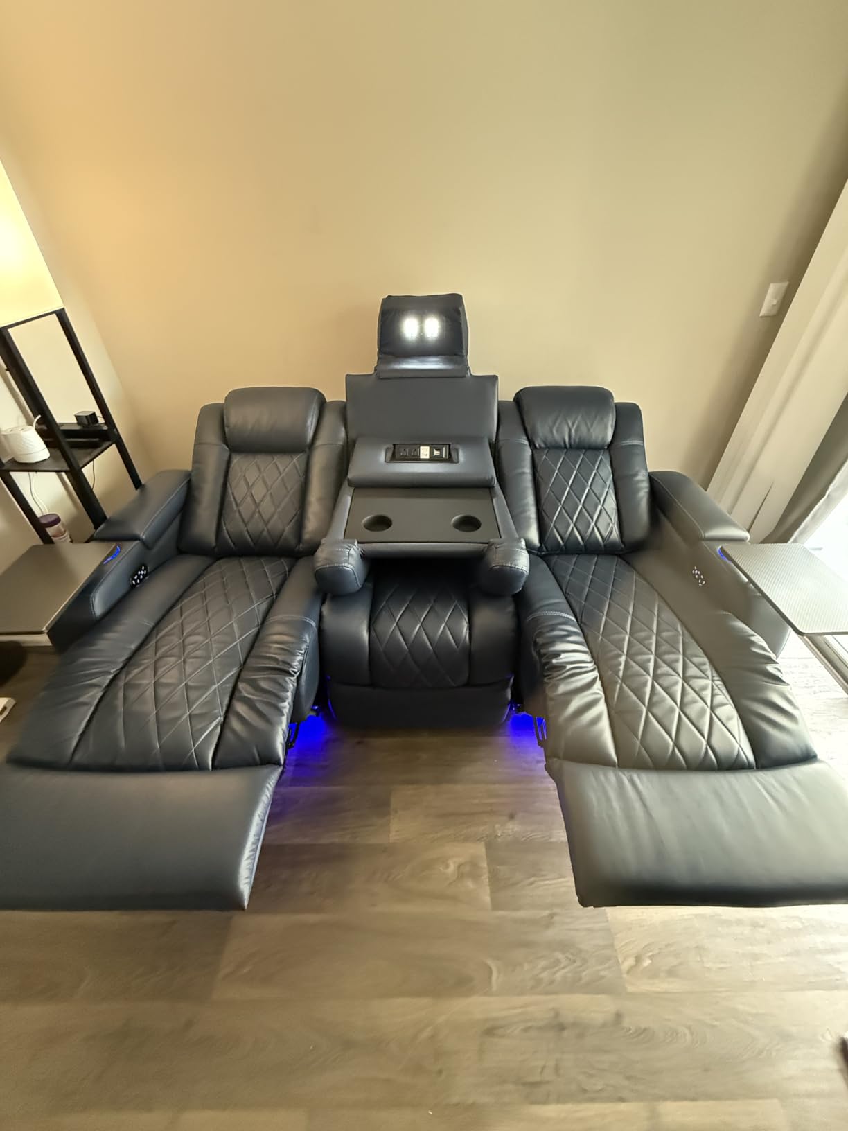 Valencia Home Theater Seating Tuscany 2025 3-Seat Power Recliner with Center Console - Top Grain Nappa 11000 Leather, Cool Gel Memory Foam, USB-C/A Charging, RGB Lights (Midnight Black) customer photo 2