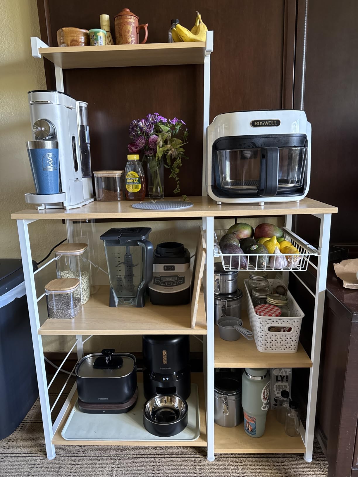 VASAGLE Baker's Rack, Microwave Stand, Kitchen Storage Rack with Wire Basket, 6 Hooks, and Shelves, for Spices, Pots, and Pans, Rustic Brown and Ink Black UKKS35X customer photo 1