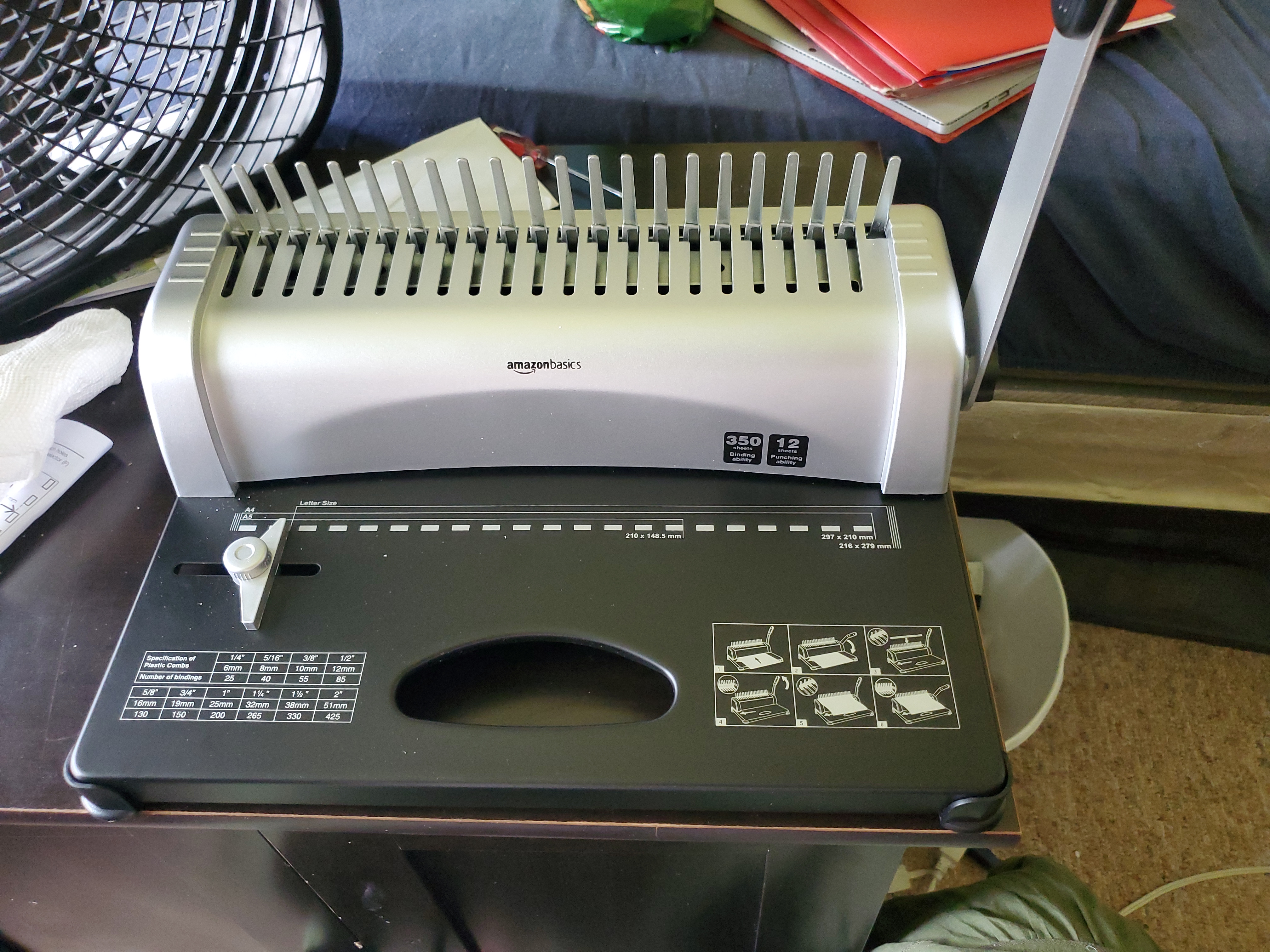 Amazon Basics Comb Binding Machine, 350 Sheets Capacity, Punches 12 Sheets, for Paper Sizes A5(15 holes)/Letter(19 holes)/A4(21 holes) with Adjustable Margin, Grey customer photo 2