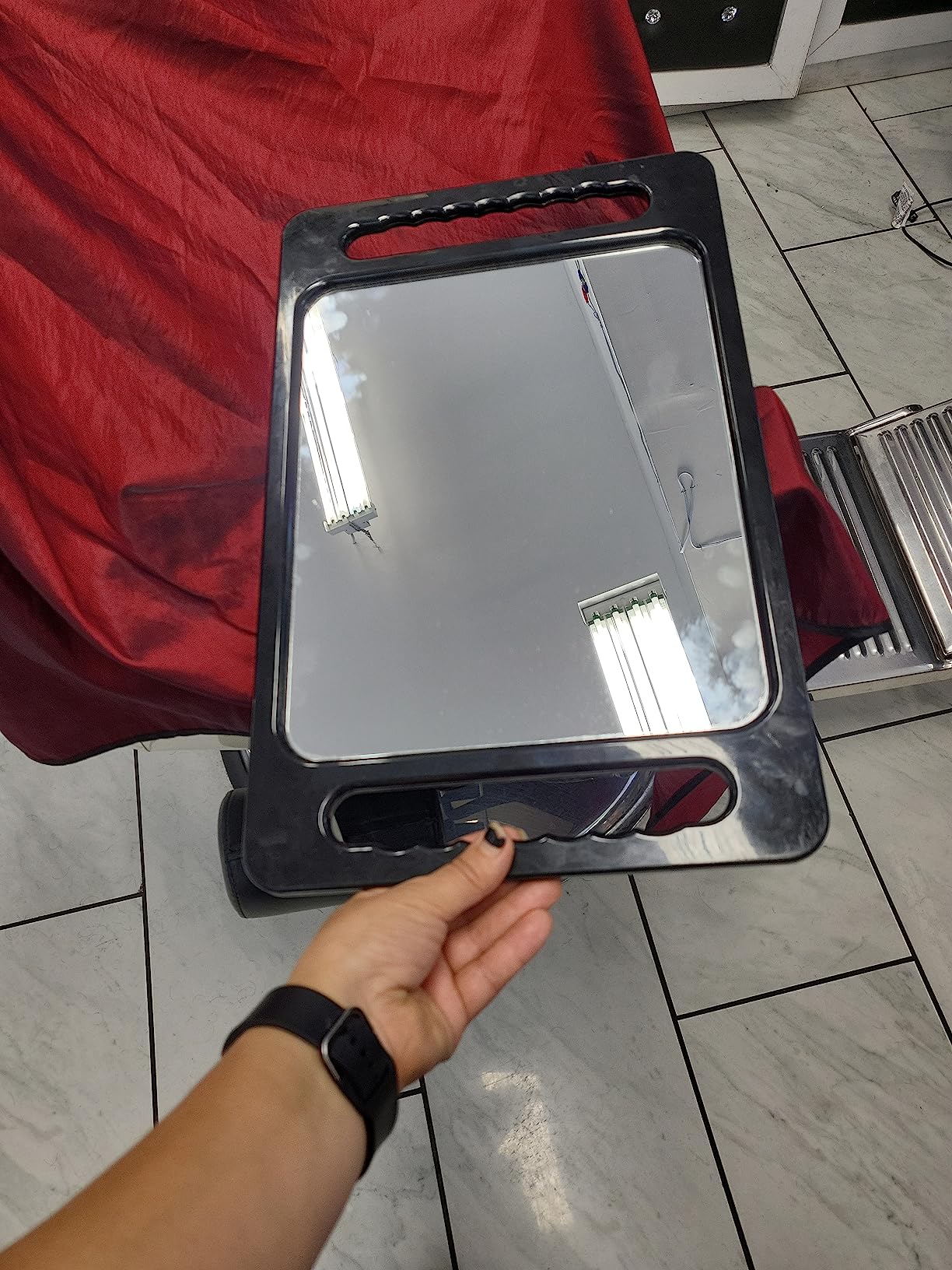 TASALON Double Handle Unbreakable Barber Hand Mirror | Large lightweight durable haircut mirror, perfect for barbershop, hair and beauty salon daily use customer photo 1