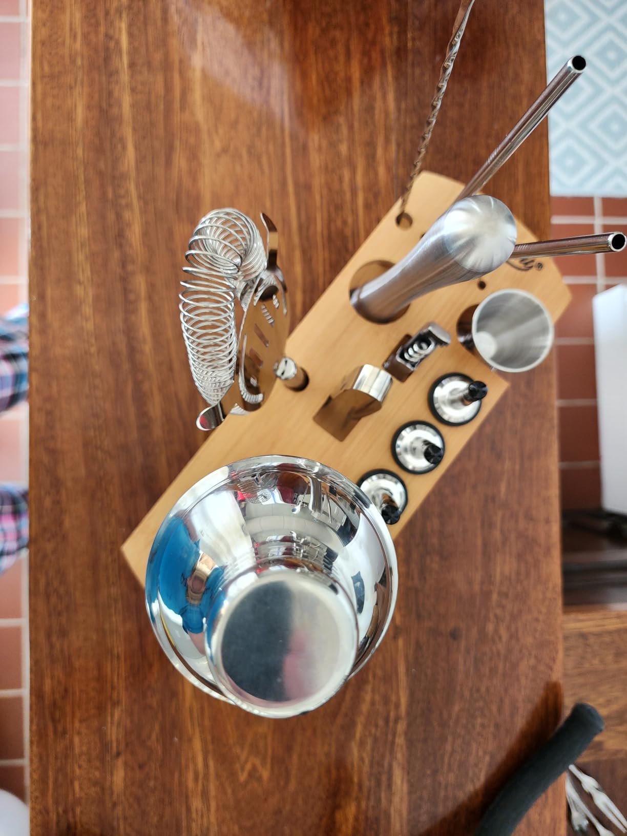 KITESSENSU Cocktail Shaker Set Bartender Kit with Stand | Bar Set Drink Mixer Set with All Essential Accessory Tools: Martini Shaker, Jigger, Strainer, Mixer Spoon, Muddler, Liquor Pourers | Silver customer photo 1