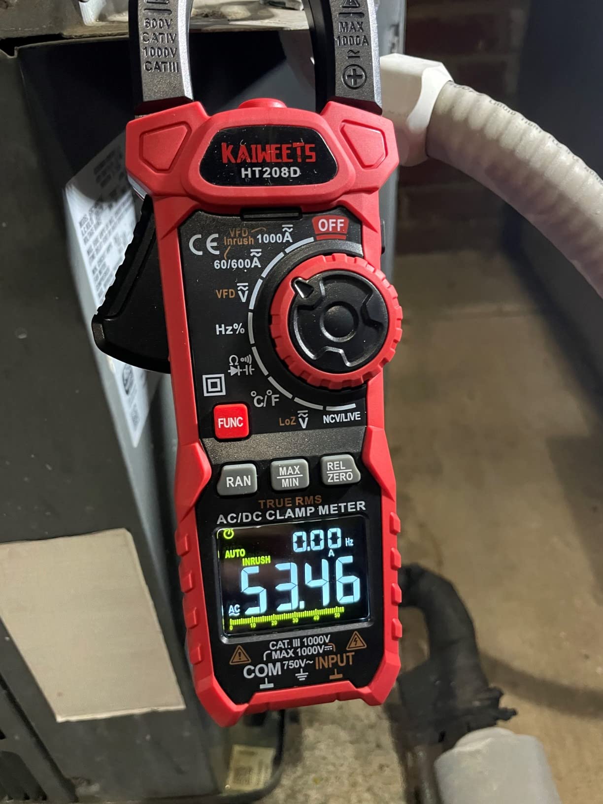 KAIWEETS HT208D Inrush Clamp Meter 1000A True RMS AC/DC Current Amp Meter, VFD, LOZ Mode, 6000 Counts, Measures Current Voltage Temperature Capacitance Resistance Diodes Continuity Duty-Cycle customer photo 2