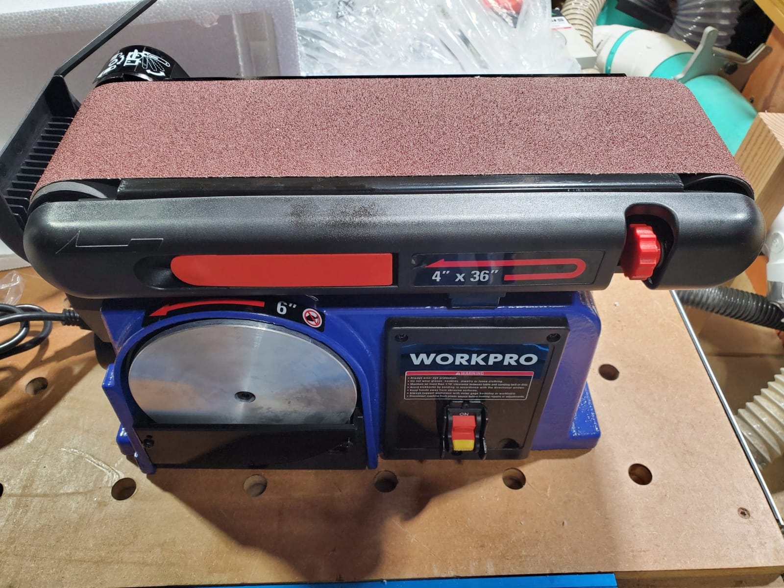 WORKPRO 4 x 36 Belt Sander with 6 Inch Disc, Belt Disc Sander | Heavy Duty Cast Iron Base Sander with 6 Sandpapers for Woodworking, DIY, Crafts, Smoothing and Edge Finishing customer photo 1