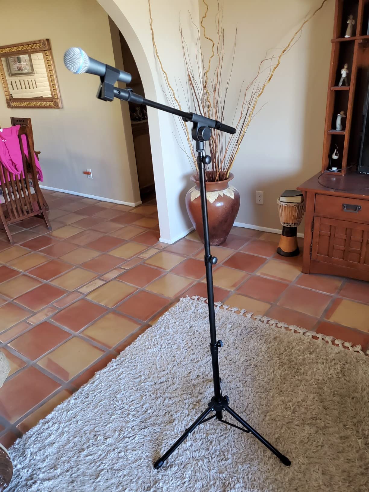 CAHAYA Mic Stand Floor Adjustable - Tripod Boom Arm Microphone Stand with Carrying Bag 2 Mic Clips 3/8