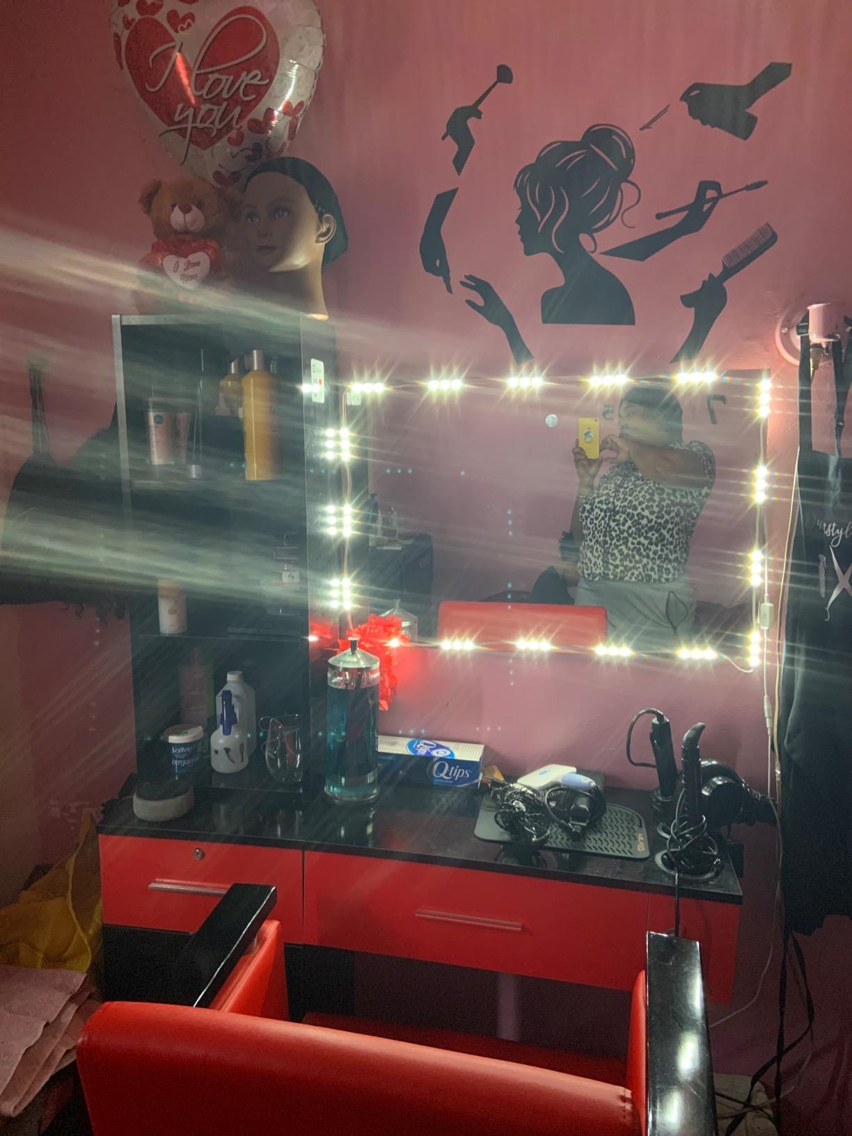 mefeir Wall Mount Hair Styling Barber Station with Support Leg & Mirror,Hair Salon Equipment, Spa Furniture Set (Black) customer photo 2