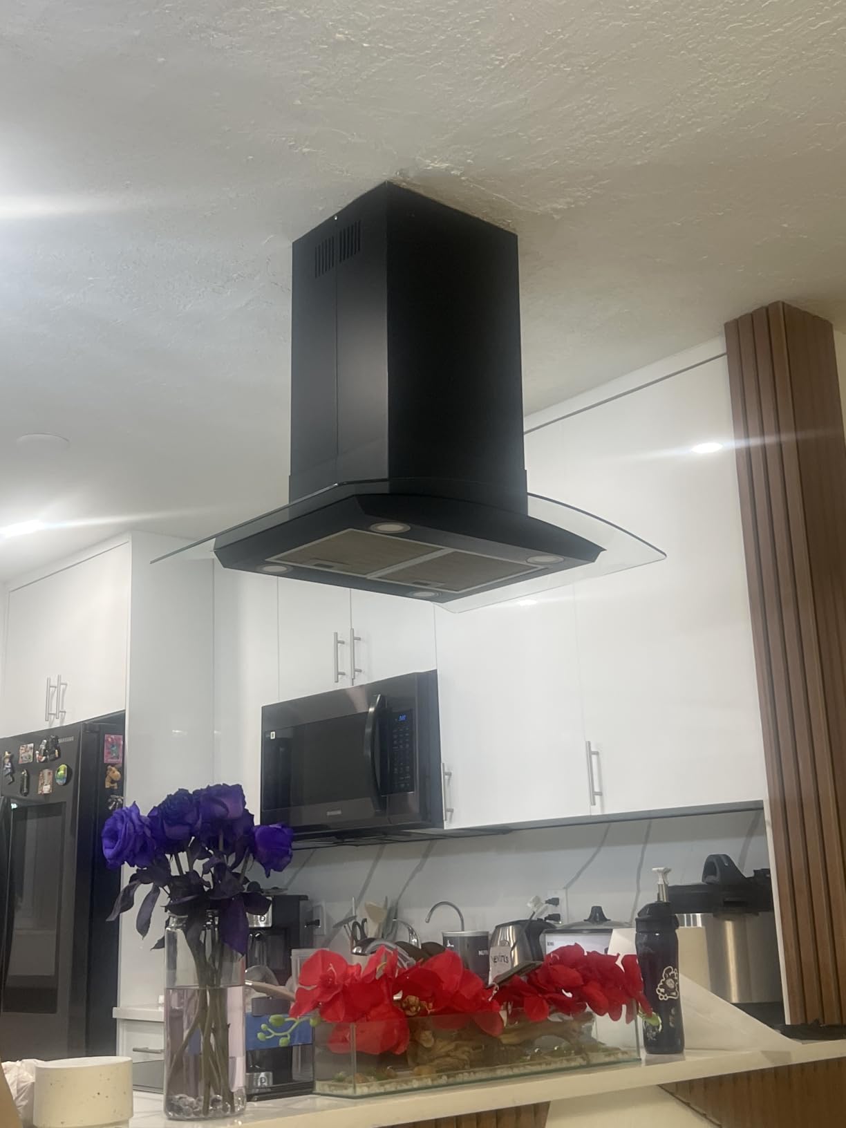 30 Inch Island Range Hood Black 700CFM, Gesture & Touch Panel Ceiling Mount Vent Hood, Stainless Steel Kitchen Exhaust Fan Convertible, Tempered Glass, LED lights, Permanent Baffle Filters customer photo 1