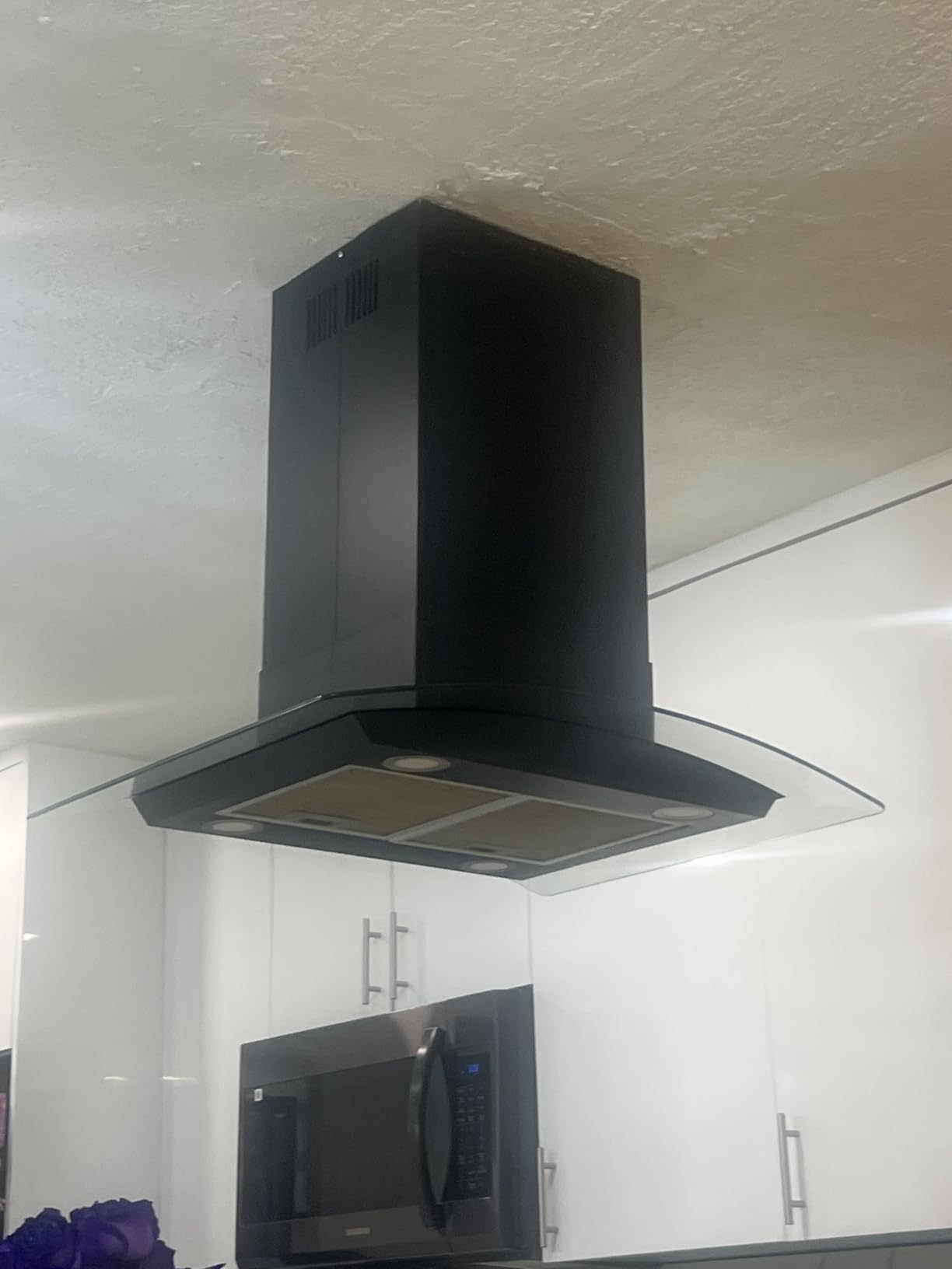 30 Inch Island Range Hood Black 700CFM, Gesture & Touch Panel Ceiling Mount Vent Hood, Stainless Steel Kitchen Exhaust Fan Convertible, Tempered Glass, LED lights, Permanent Baffle Filters customer photo 2