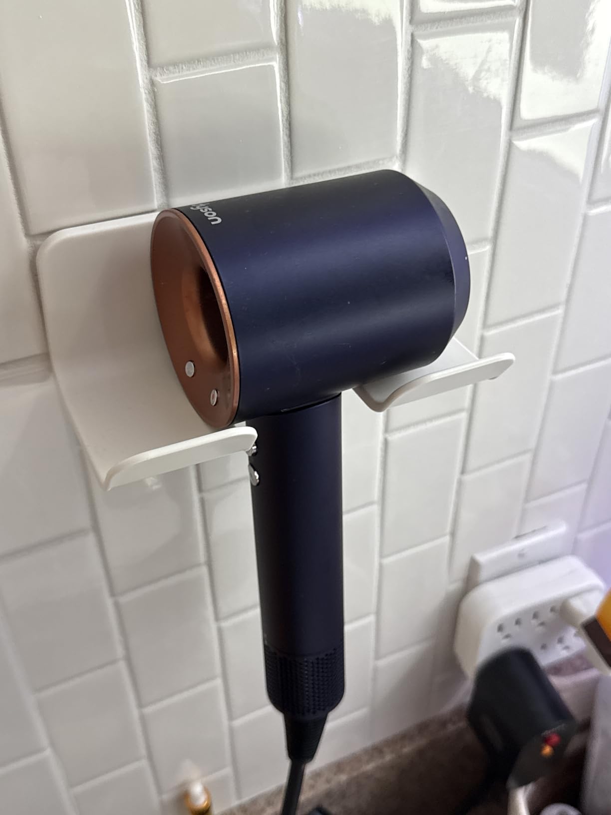 Universal Hair Dryer Holder, Self Adhesive Wall Mount, White customer photo 2