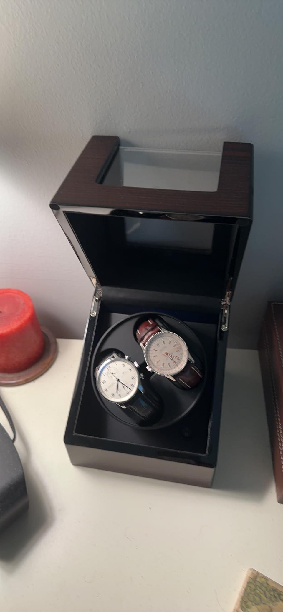 ANWBROAD Watch Winder for Automatic Watches Double with Super Quiet Motor Flexible Watch Pillows LED Backlight Wooden 5 Modes Battery or Type-C Adapter customer photo 2