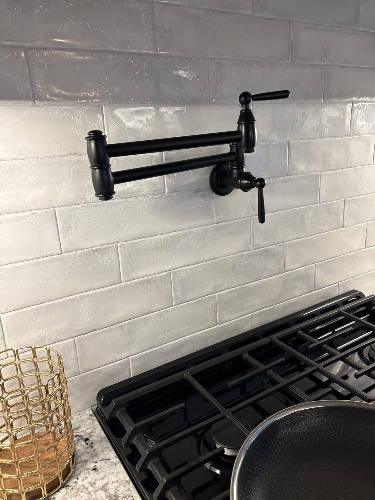 Pot Filler Faucet Brushed Nickel, ARCORA Modern Pot Filler Wall Mount 2 Handle with Double Joint Swing Arms Brass Stove Faucet customer photo 2