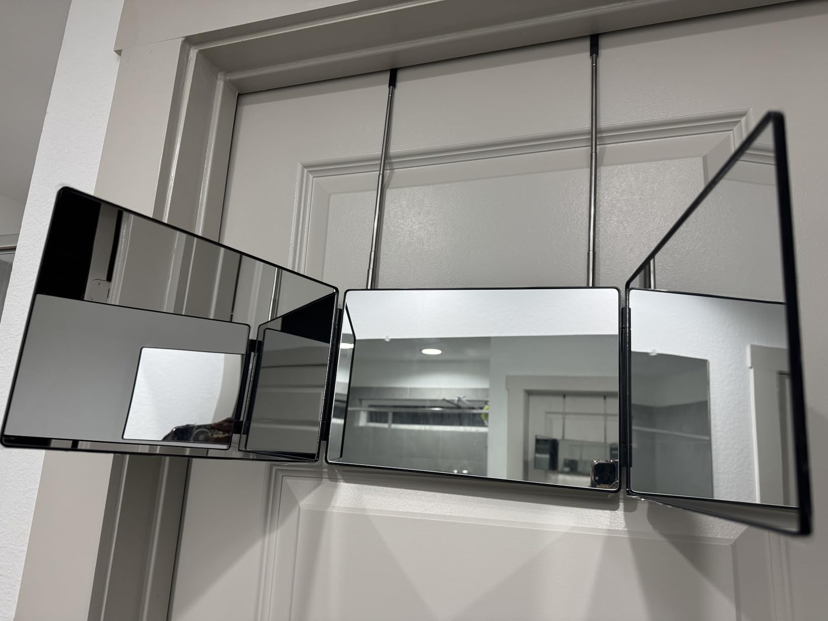 HIEEY 3 Way Mirror for Hair Cutting, 360 Trifold Mirror with Height Adjustable Telescoping Hooks, and 5X Magnification, for Makeup, Hair Styling customer photo 2