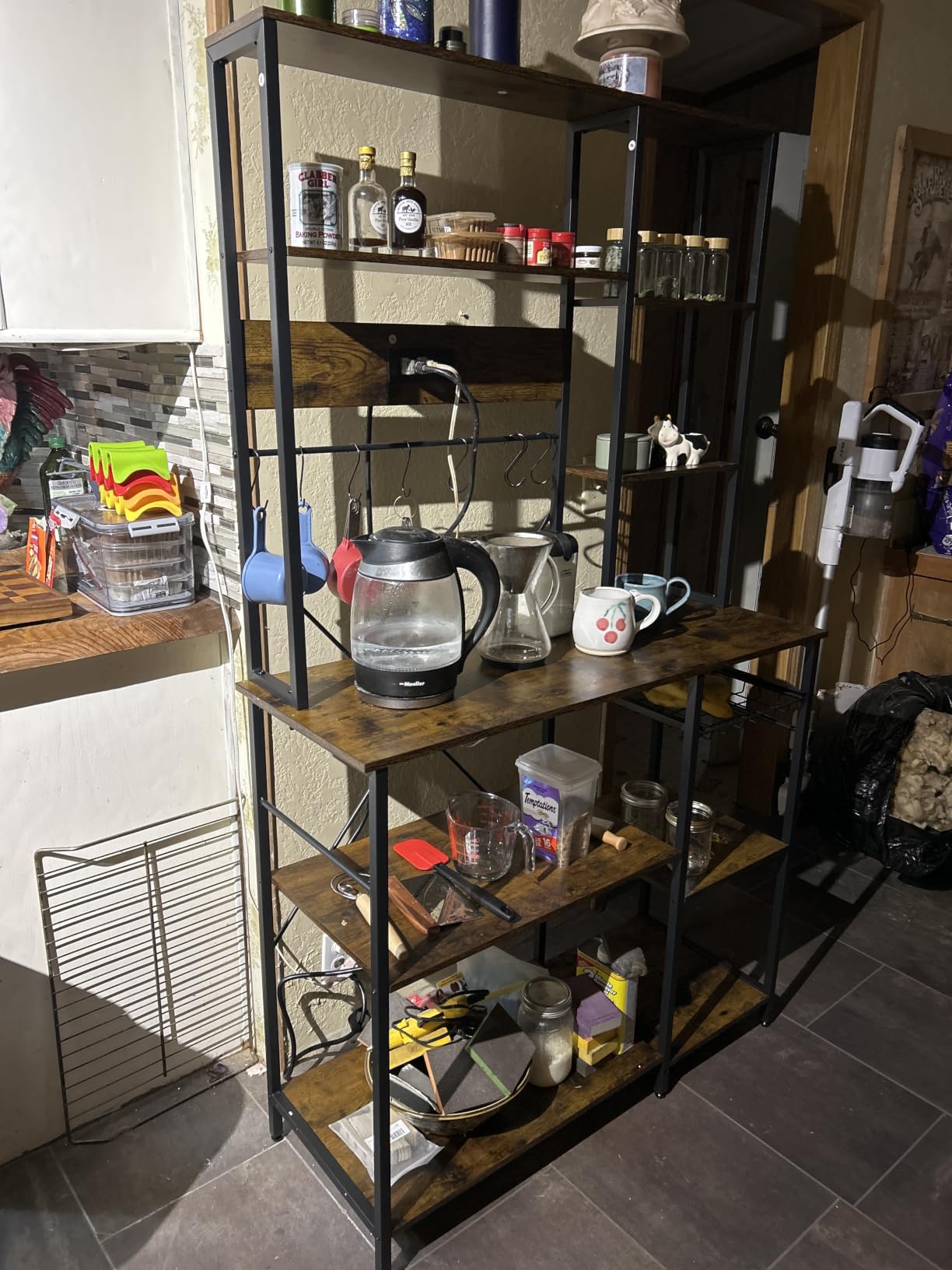 SUPERJARE Large Bakers Rack with Power Outlets, 6-Tier Microwave Stand, Coffee Bar with 12 S-Shaped Hooks, Kitchen Shelf with Wire Basket, 39.4 x 14.6 x 66.9 Inches, Rustic Brown customer photo 2