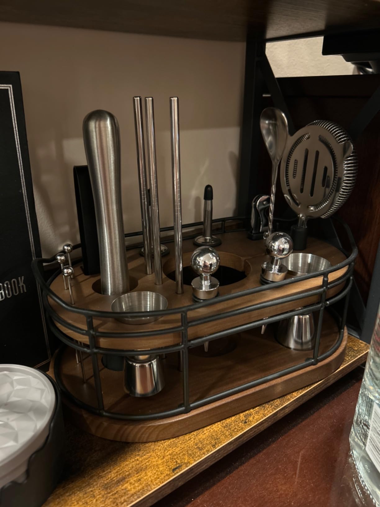 Home Hero Bartender Kit - 22-Piece Cocktail Shaker & Bar Tool Set - Wooden Stand Display & Bar Cart Accessories - Recipe Book & Housewarming Gifts - 22-Pc, Silver customer photo 2