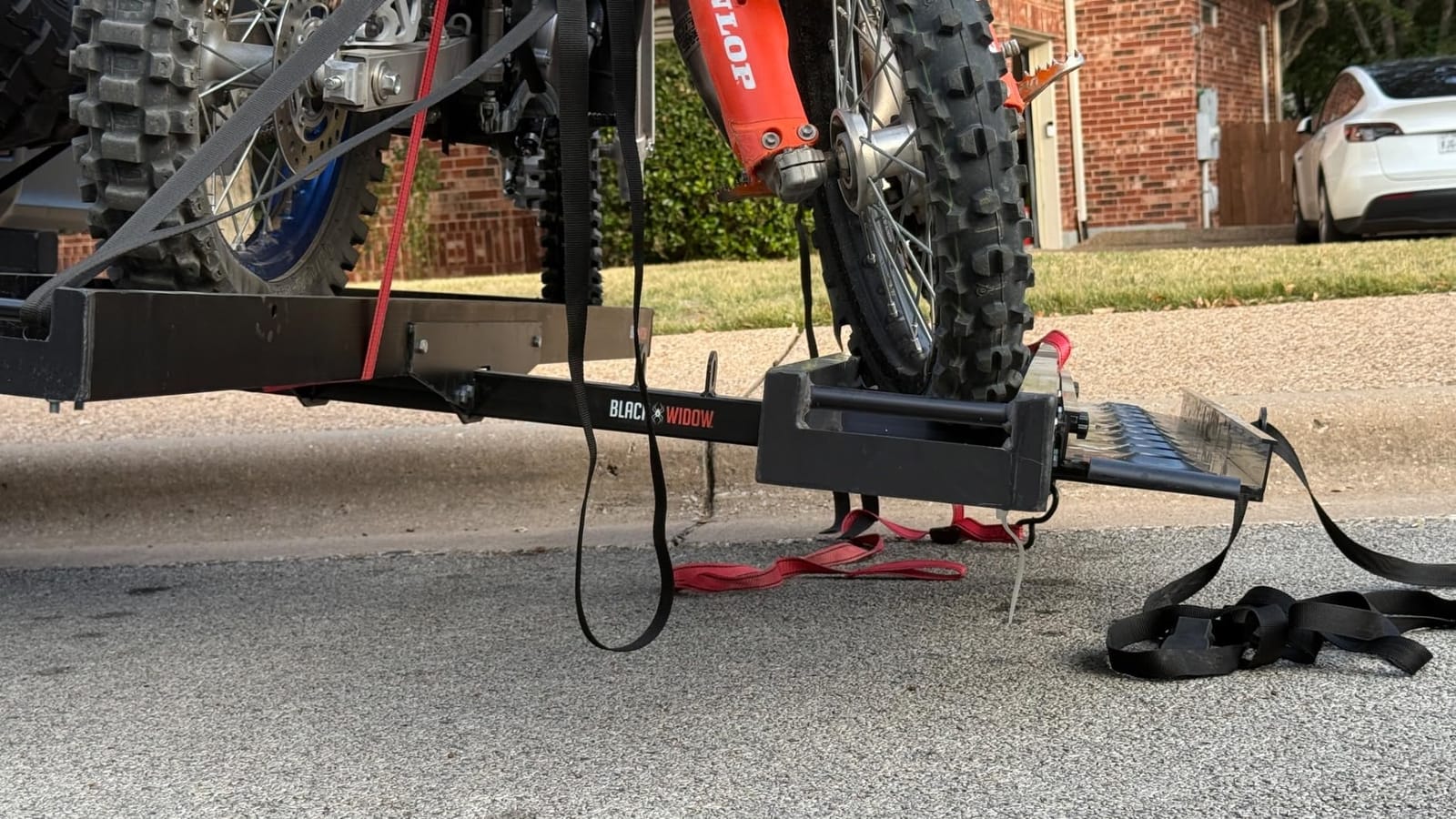 Black Widow Double Motorcycle Bike Hitch Carrier, Loading Ramp, 600 lb | Anodized, rust-resistant aluminum, anti-rattle, anti-wobble, fits 2