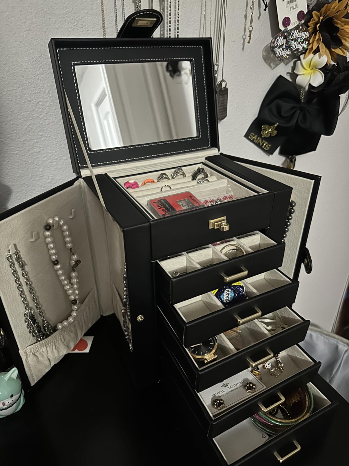 AKOZLIN 6-Tier Jewelry Box Organizer Functional 5 Drawers Leather Jewelry Storage Case for Women Girls Ring Necklace Earring Bracelet Holder Organizer with Mirror Black customer photo 2