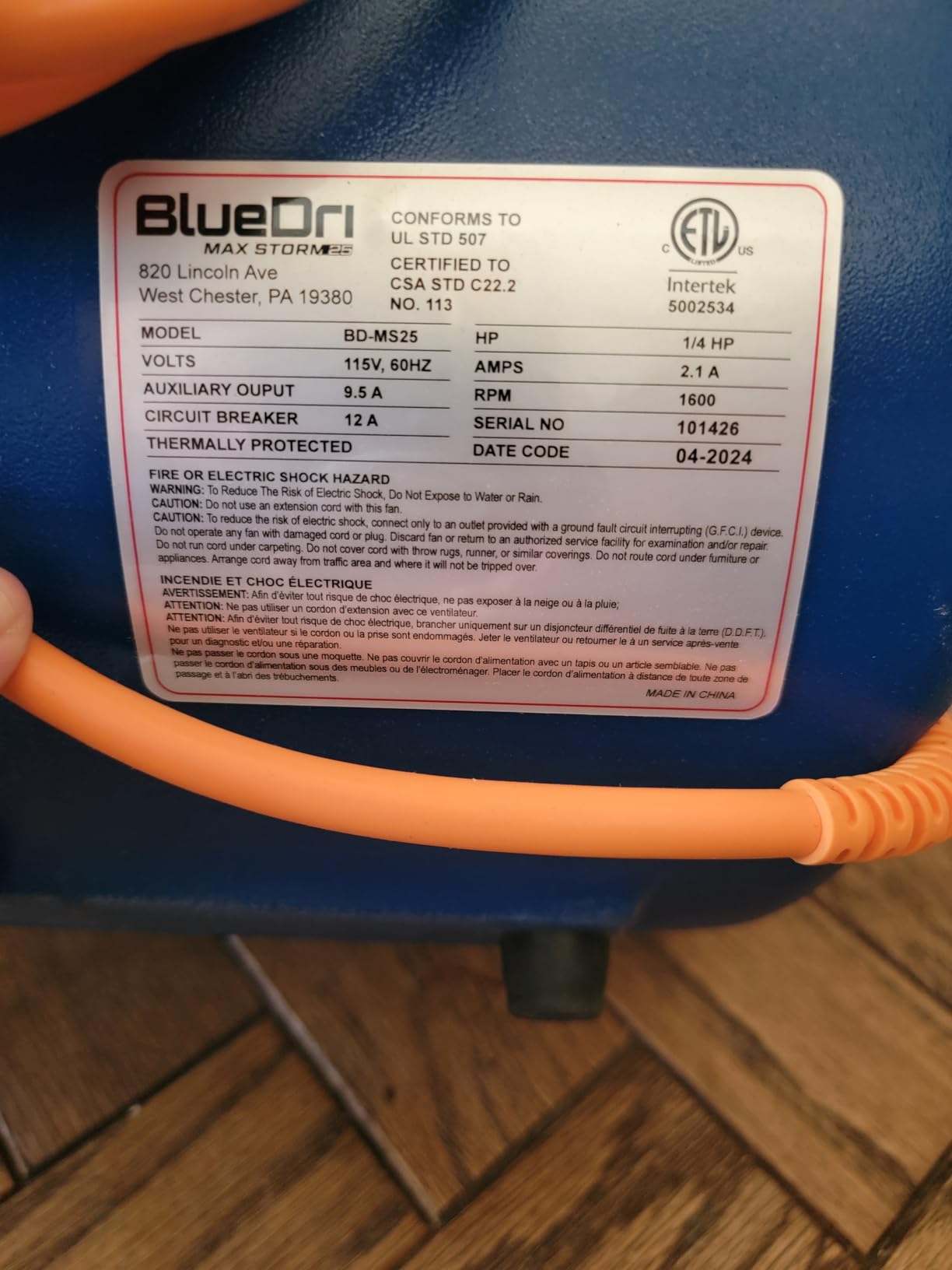 BlueDri Max Storm 25 1/4 HP, 900 CFM Air Mover Blower Fan for Water Damage Restoration Carpet Dryer Floor Home and Plumbing Use, Blue, BD-MS25, Large customer photo 2