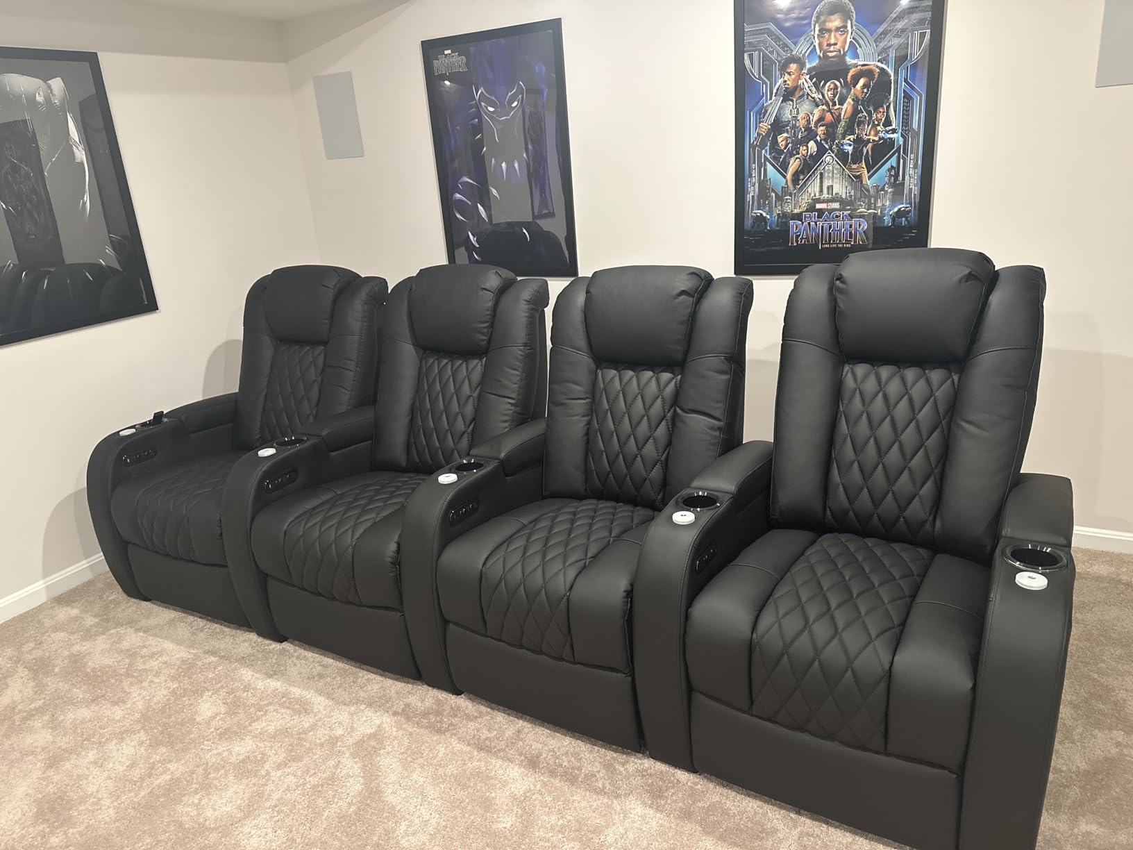 Weilianda Home Theater Seating Top Grain Leather Zero Gravity Recliner Chair Power Headrest Recline Movie Seat Gaming 7 Colors Mood Light Sofa with Tray Table USB Charge Row of 4 Loveseat Middle Black customer photo 2