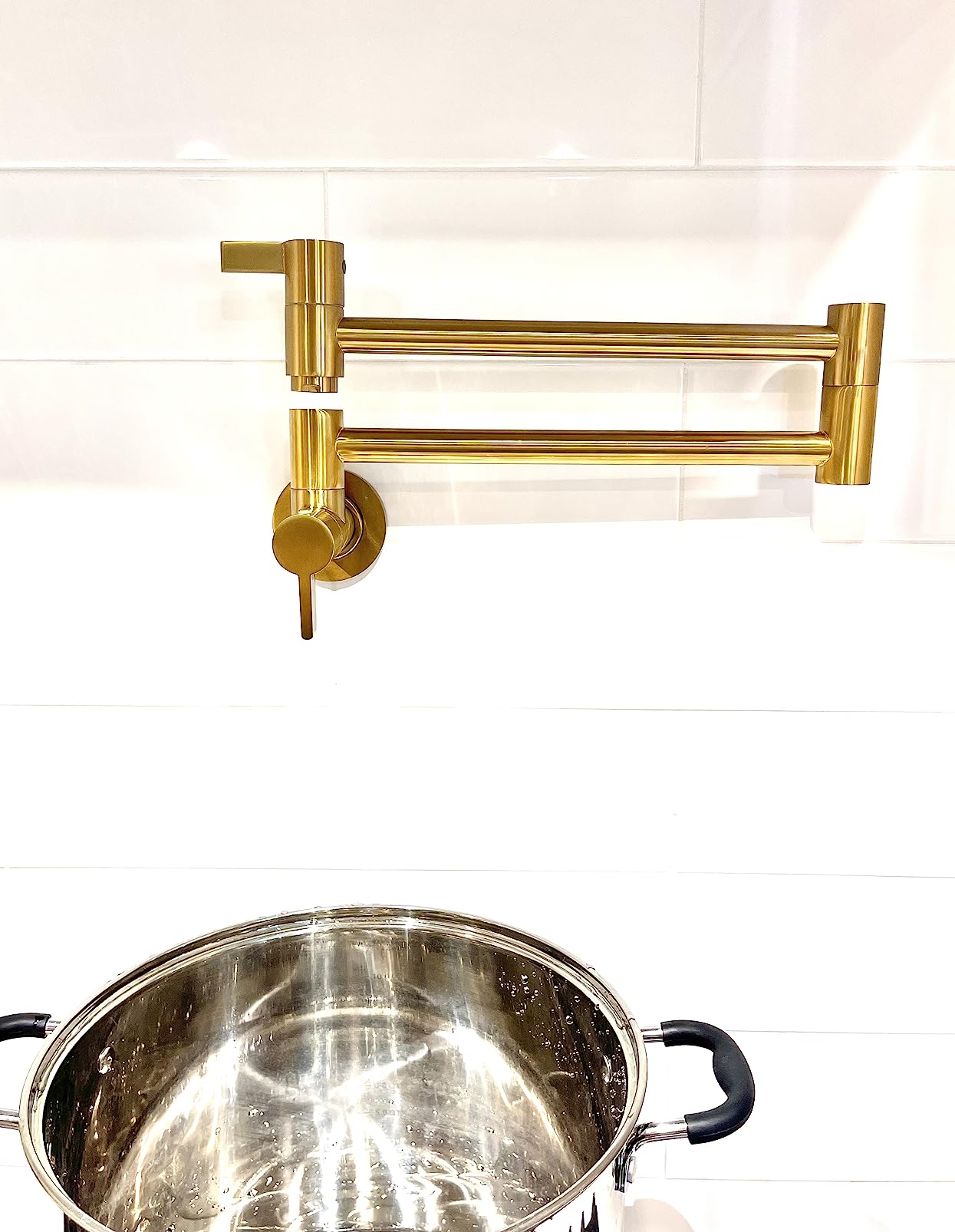 ARCORA Pot Filler Faucet Brushed Gold, Solid Brass Pot Filler Over Stove | 23.6 Inch Wall Mount Folding Kitchen Stove Faucet, 2 Handle with Double Joint Swing Arms, Solid Brass Construction, High Flow customer photo 2