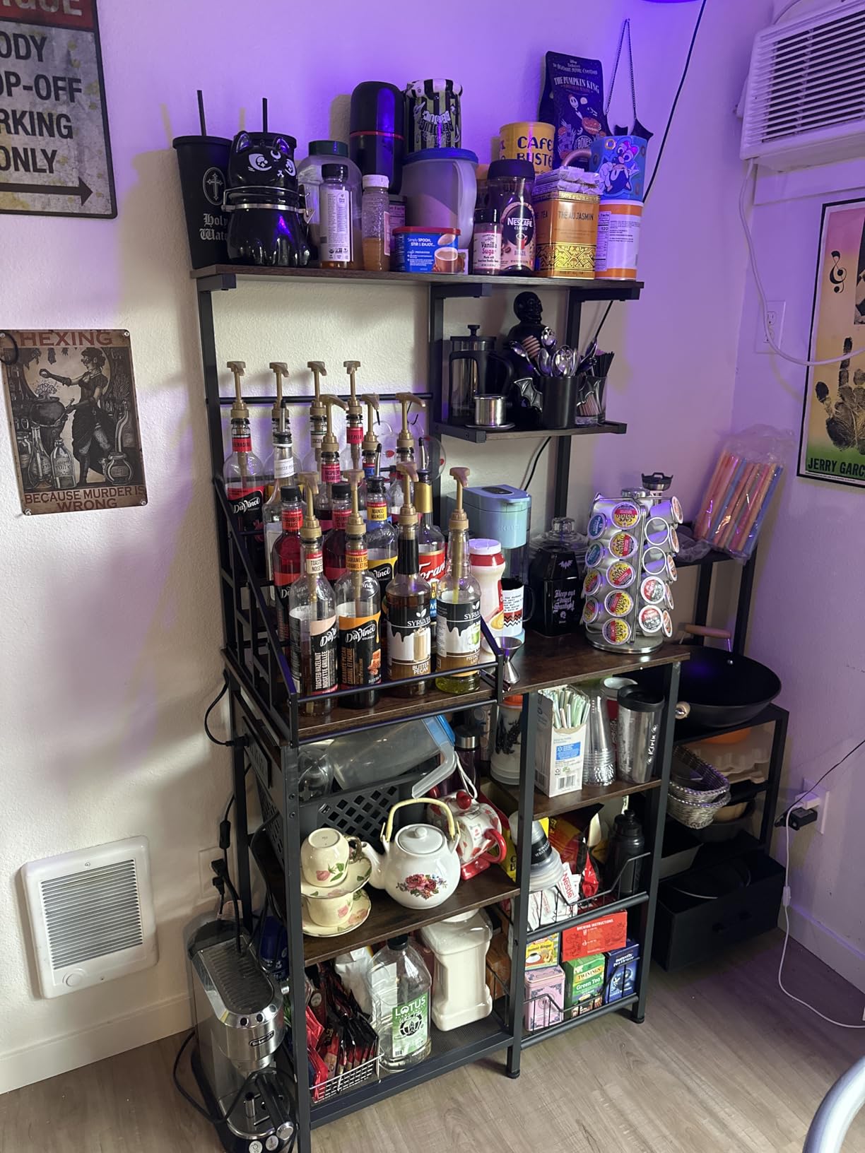 HOOBRO Large Bakers Rack with Power Outlets, 6-Tier Microwave Stand with 4 Hooks, Coffee Bar, Kitchen Shelf with Wire Basket, for Kitchen, Living Room, Office, Rustic Brown and Black BF64UHB01 customer photo 1