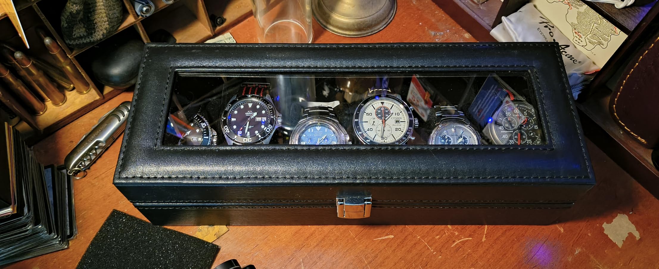 Uten Watch Box 6 Slots with Glass Lid, Wood Grain PU Leather | Watch Storage Organizer, Imitation Suede Pillows, Metal Clasp, fits Watch Size up to 55mm, Gift Idea customer photo 1