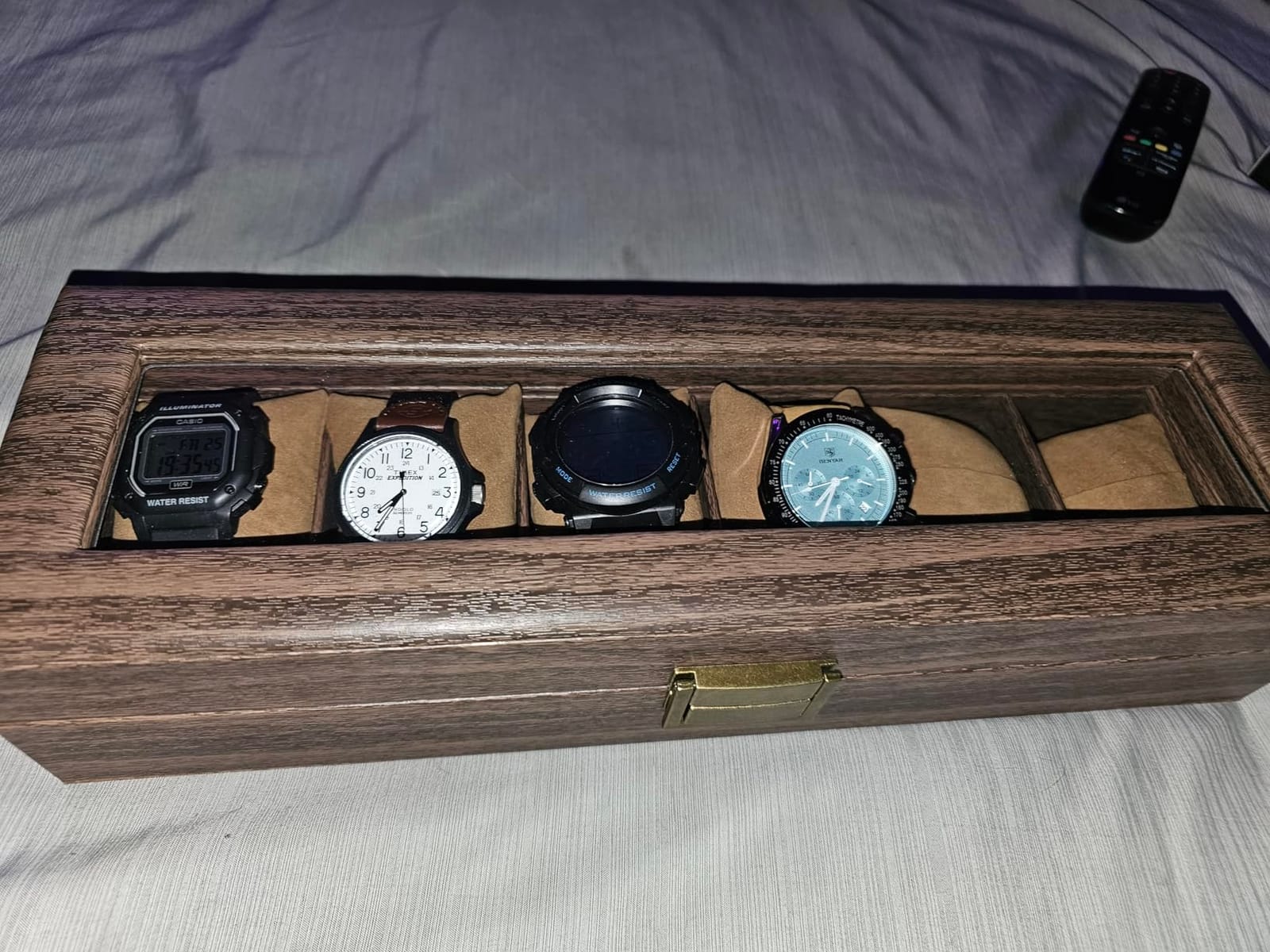 Uten Watch Box 6 Slots with Glass Lid, Wood Grain PU Leather | Watch Storage Organizer, Imitation Suede Pillows, Metal Clasp, fits Watch Size up to 55mm, Gift Idea customer photo 2