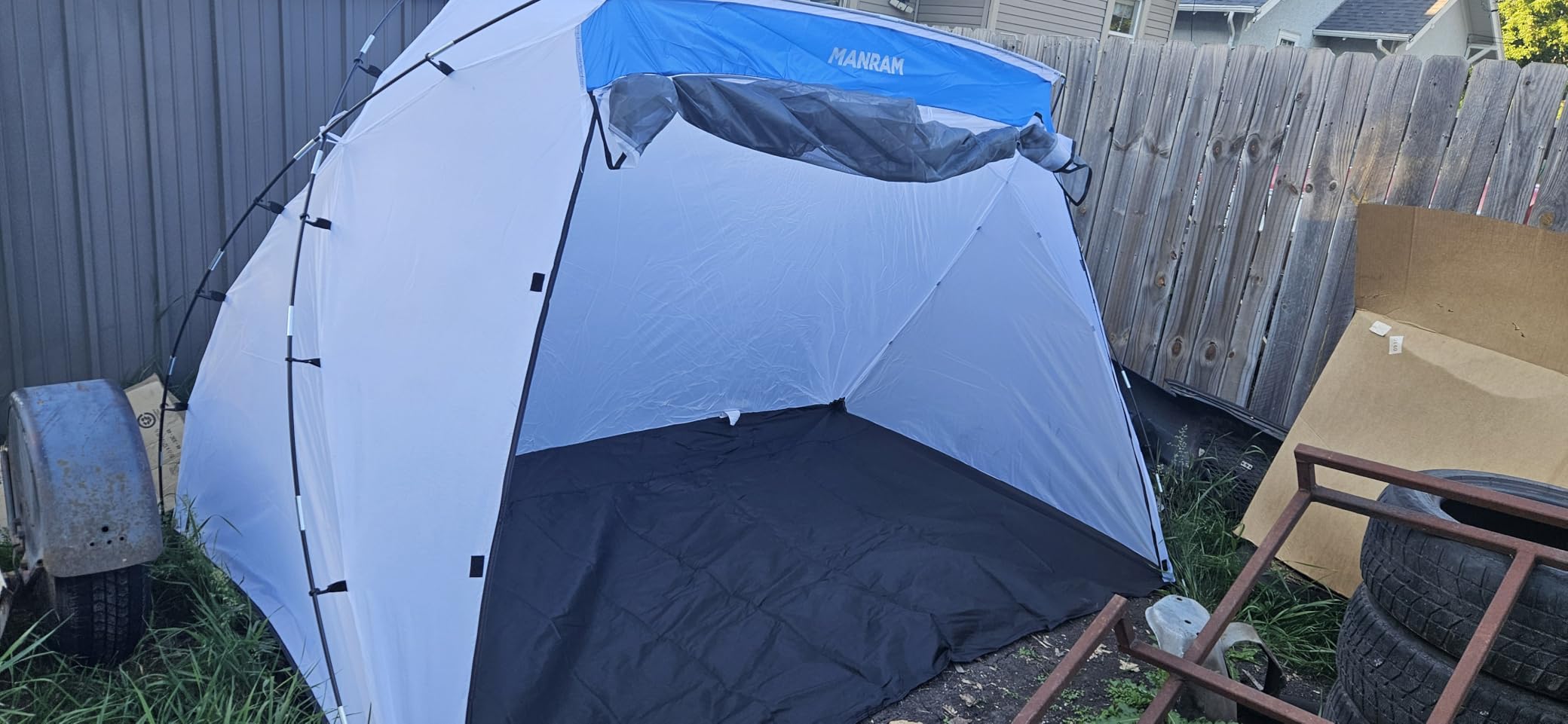 Portable Paint Tent 9(L) x6(W) x5.5(H), Large Paint Booth with Built-in Floor, Mesh Screen, Windproof Hooks, and Storage Bag customer photo 2