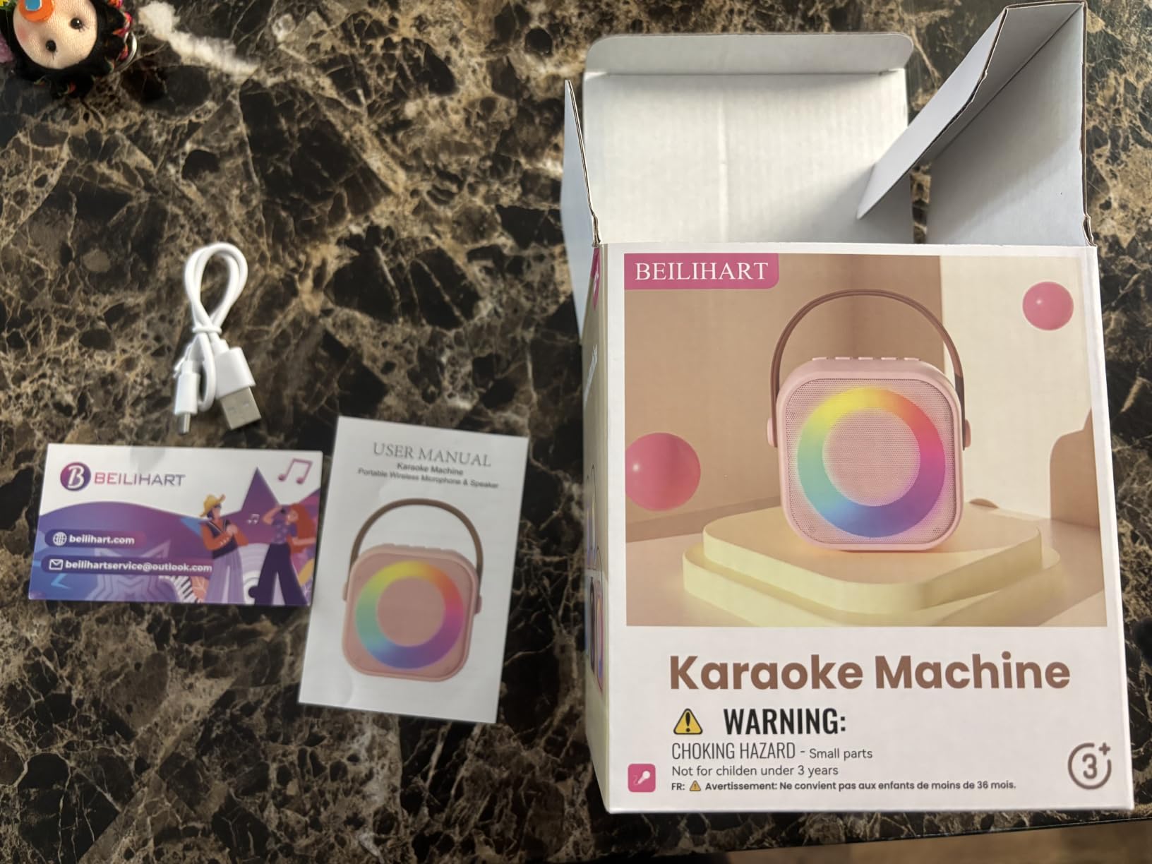 Mini Karaoke Machine, Portable Bluetooth Speaker with 2 Wireless Microphones | 360° Surround Sound, 5 Voice Effects, Bluetooth 5.0, LED Lights, TF/USB/AUX, For Kids and Adults, Family Home Party and Gifts customer photo 2