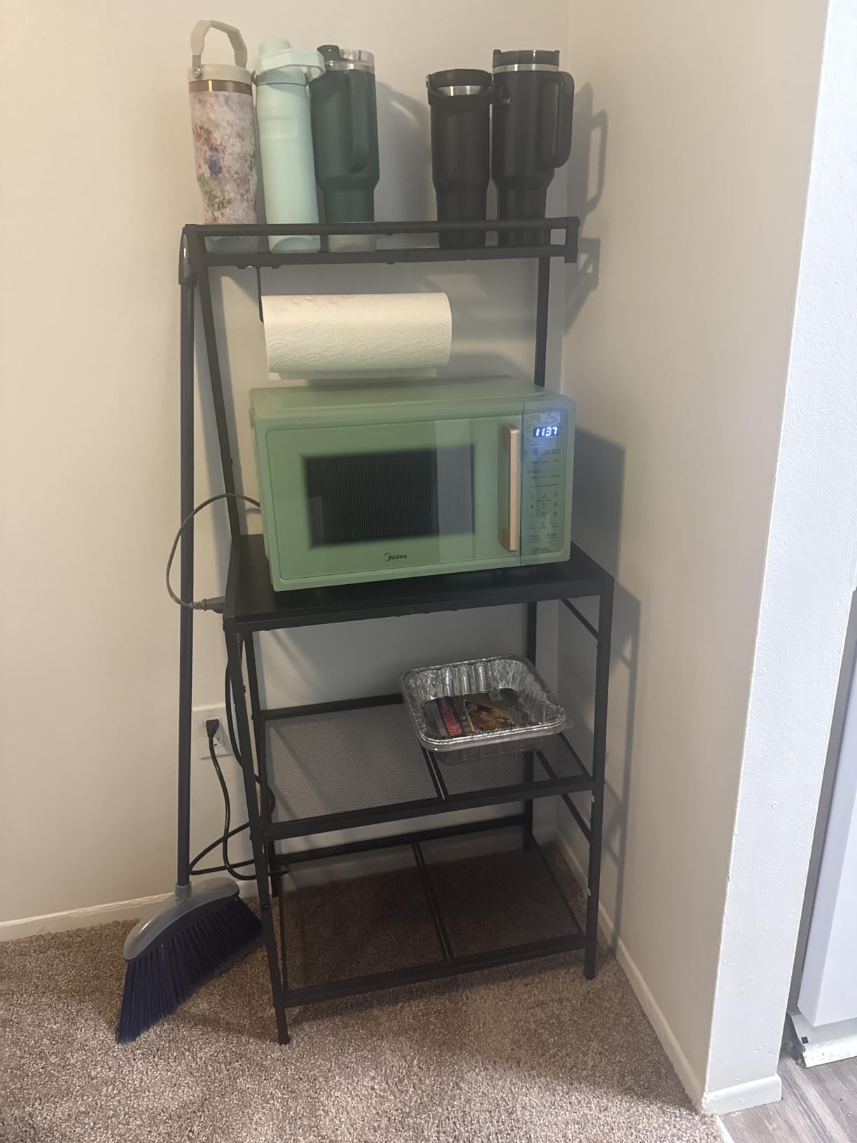 MAHANCRIS Bakers Rack with Storage, Microwave Stand with Paper Holder, Bakers Rack with Power Outlet, Coffee Bar Station with 6 Hooks, for Kitchen, Dining Room, Rustic Brown and Black customer photo 1