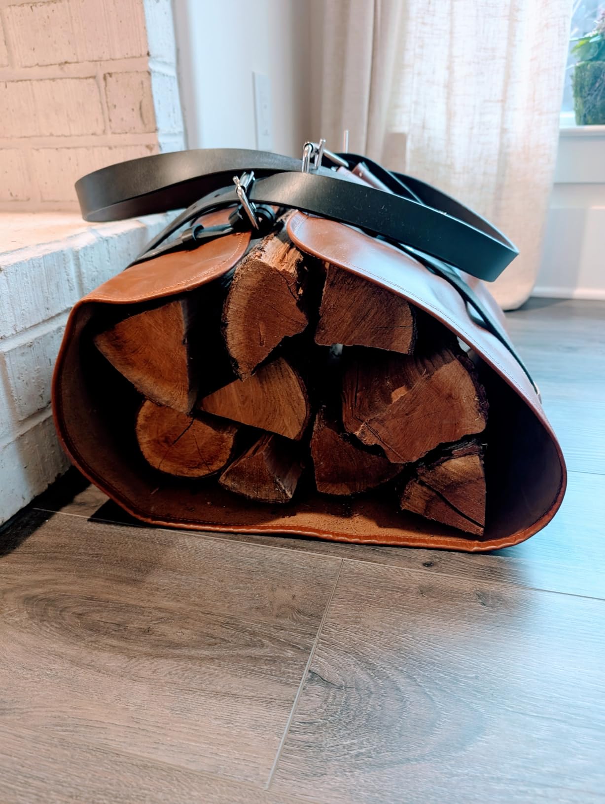 DarkRabbit Leather Firewood Carrier, Cabin Wood Log Carrier, Large Log Tote Bag for Fireplace, Campfire, or Outdoor Fire Pit | Heavy Duty Leather Wood Holder for Winter or Camping Stove 44X20 customer photo 1