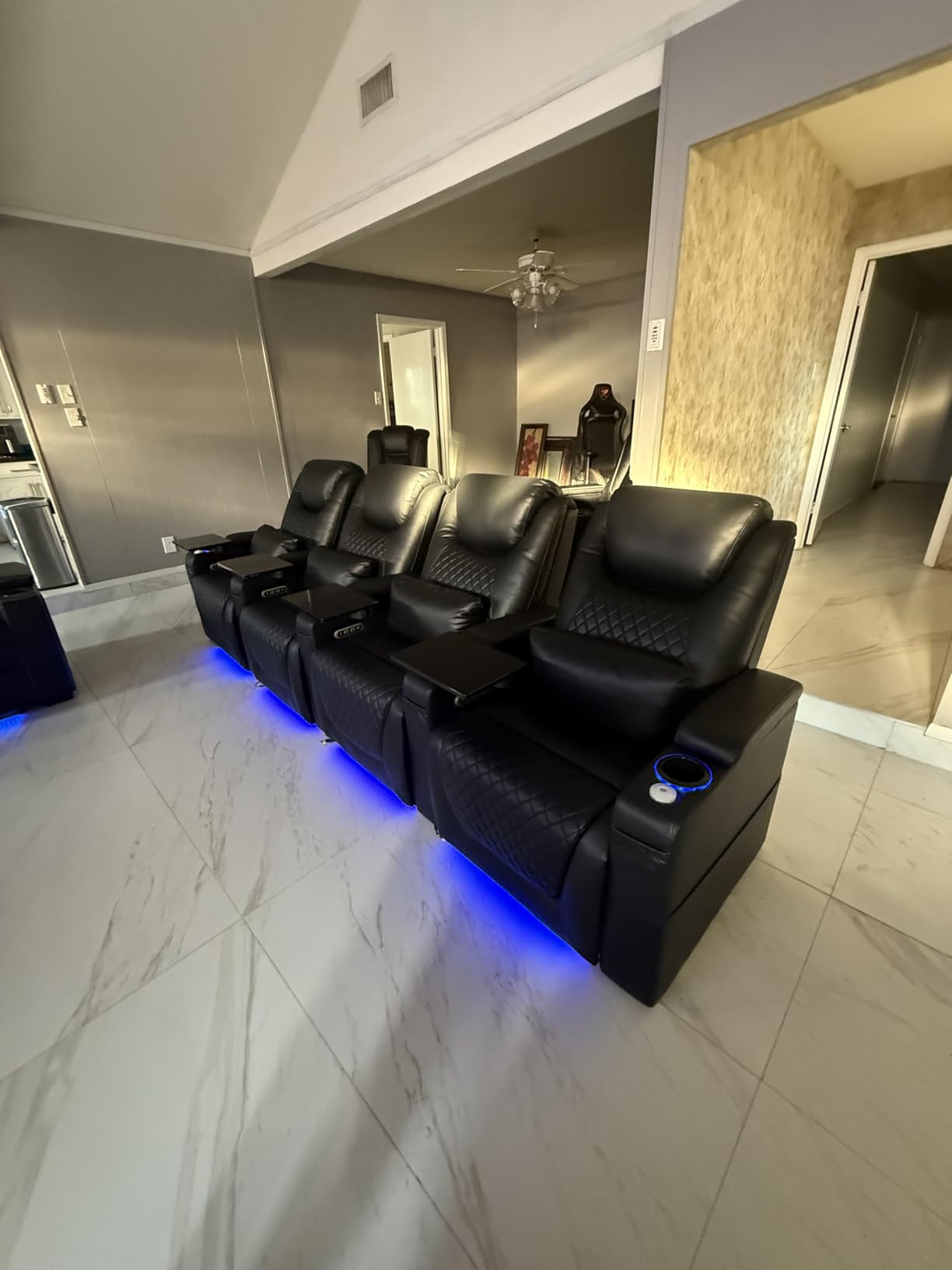 Airadlis Home Theater Seating Seats, Theater Recliner Chair Sofa Game Movie Theater Chairs with 7 Colors Ambient Lighting, Lumbar Pillow, Side Pocket, Tray Table, Power Recline, Black customer photo 1