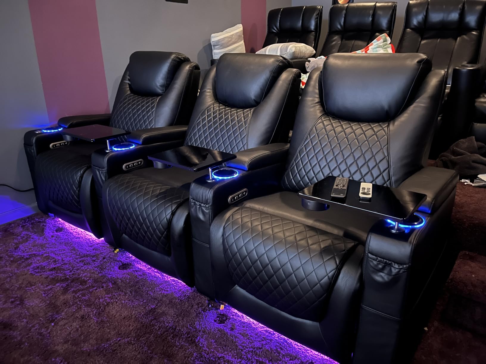 Airadlis Home Theater Seating Seats, Theater Recliner Chair Sofa Game Movie Theater Chairs with 7 Colors Ambient Lighting, Lumbar Pillow, Side Pocket, Tray Table, Power Recline, Black customer photo 2
