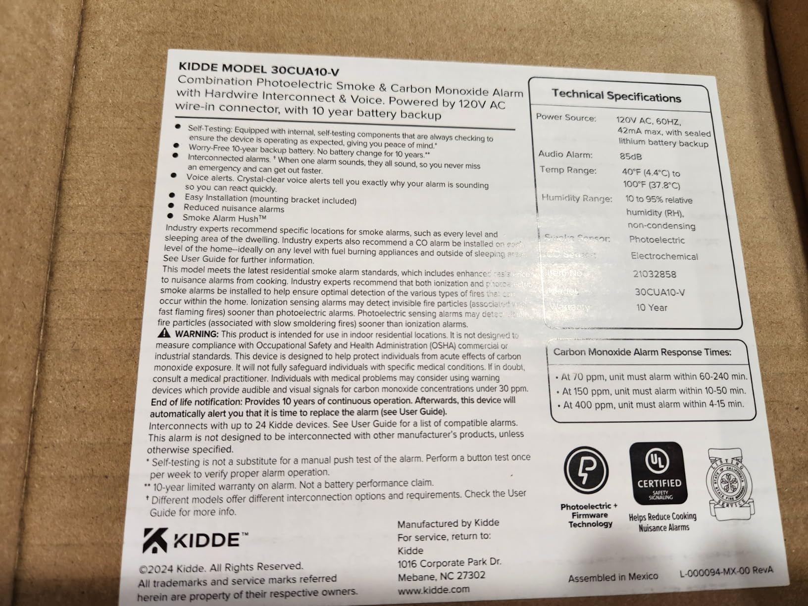 Kidde Smoke & CO Detector, Hardwired & 10-Year Battery, 30CUA10-V, 1 Pack | Voice Alerts, Wired Interconnect Capability, No Battery Replacement, Smoke & Carbon Monoxide Detection for Homes & Apartments customer photo 2