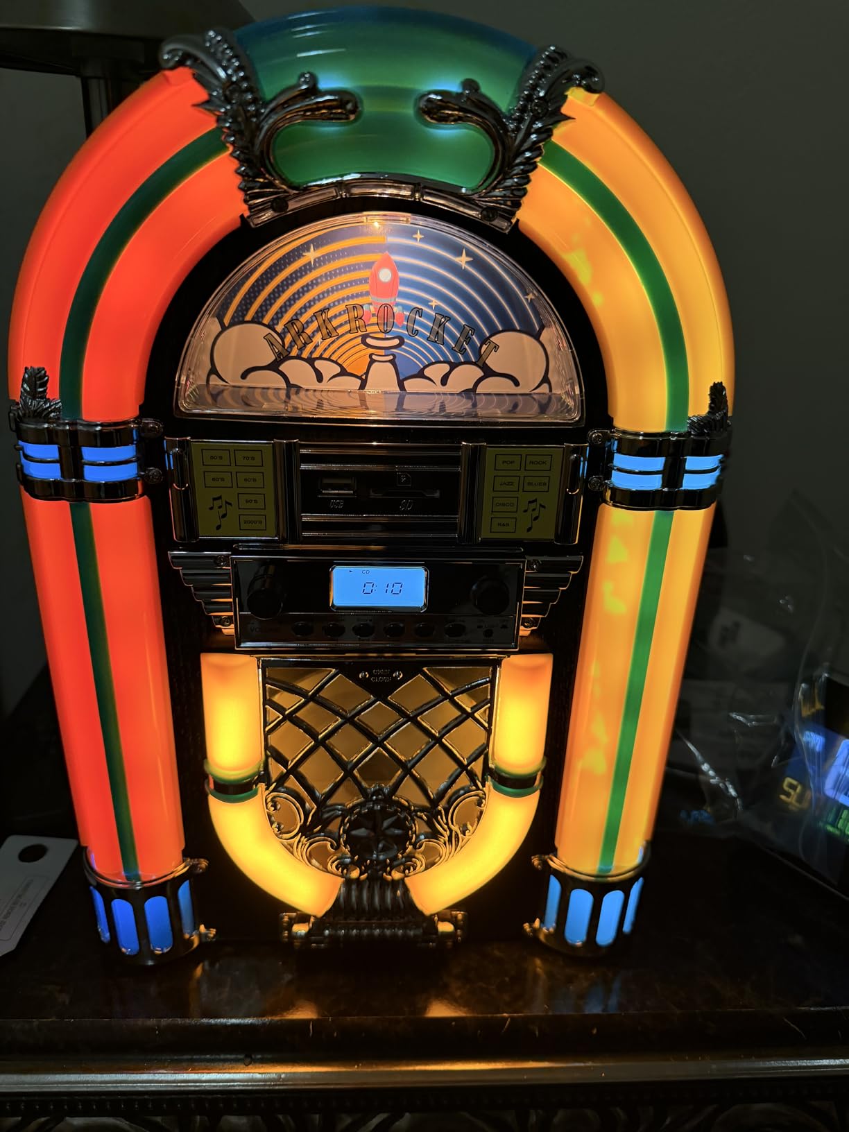 Athena Mini Jukebox/Tabletop CD Player/Bluetooth Speaker/Radio/USB and SD Card Player with Retro LED Lighting System (Black Golden) customer photo 1