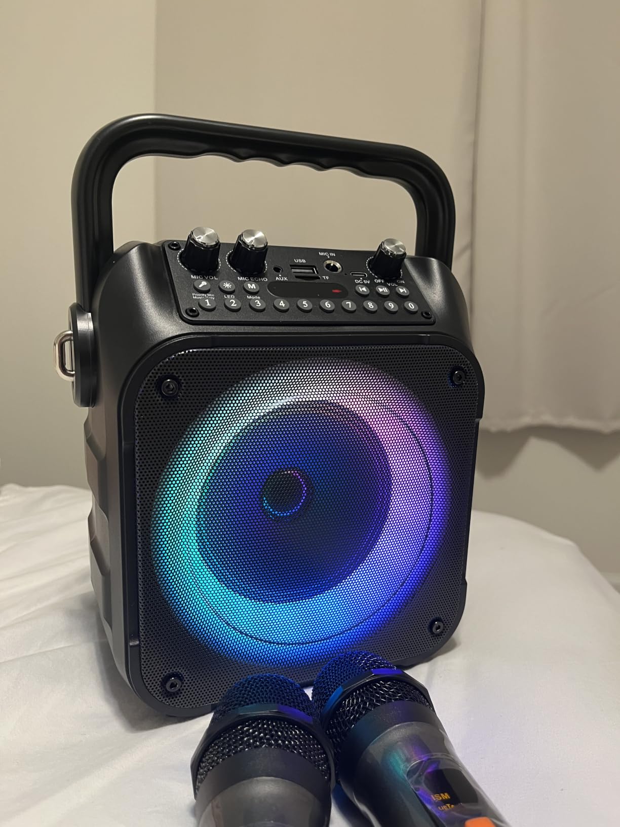 Karaoke Machine, Portable Bluetooth Speaker with 2 Wireless Microphones | Immersive Sound, 5 Light Modes, PA System, TWS USB TF AUX FM, for Adults and Kids, Home Party, Outdoor, Home System Packages customer photo 1