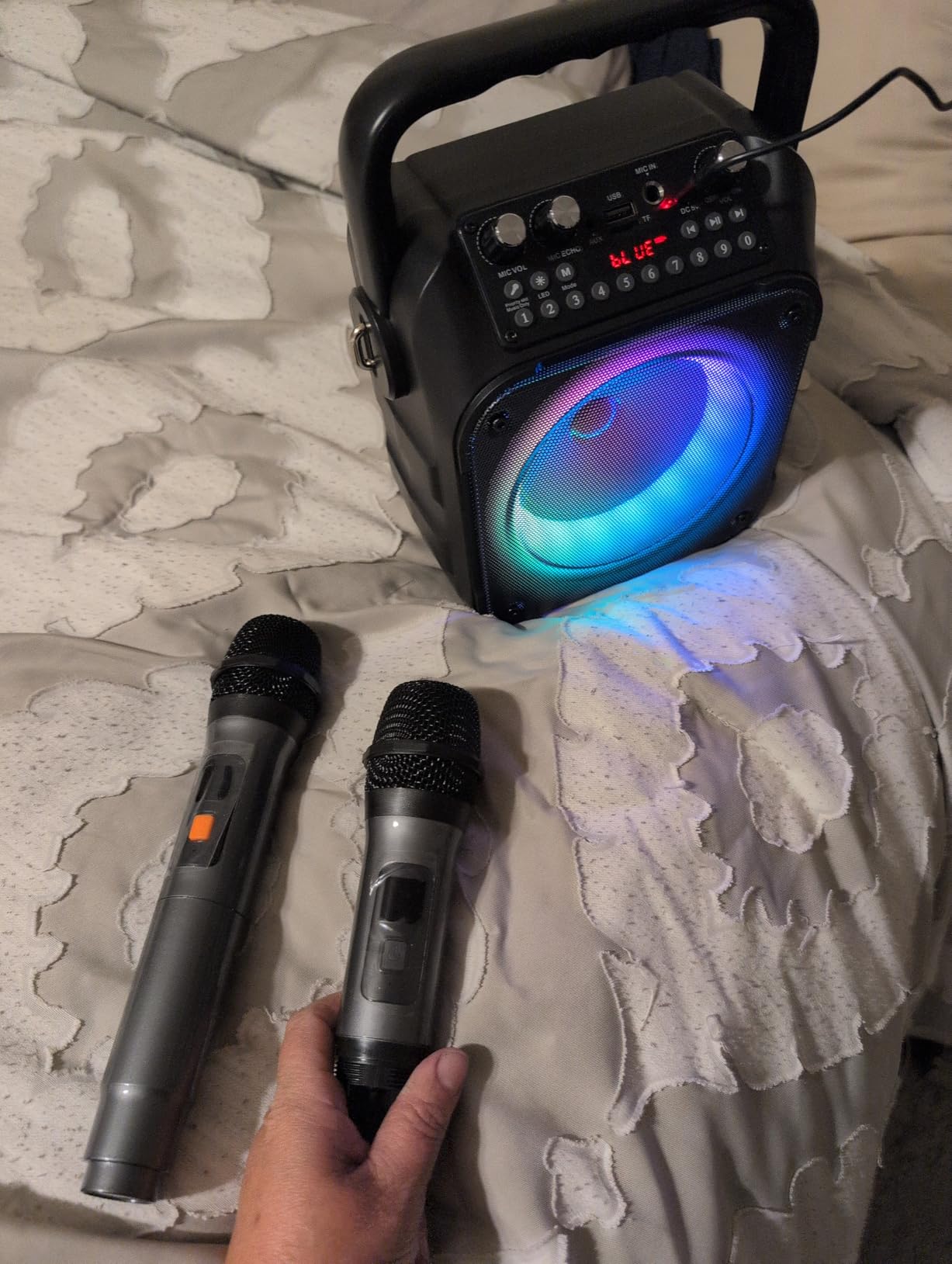 Karaoke Machine, Portable Bluetooth Speaker with 2 Wireless Microphones | Immersive Sound, 5 Light Modes, PA System, TWS USB TF AUX FM, for Adults and Kids, Home Party, Outdoor, Home System Packages customer photo 2