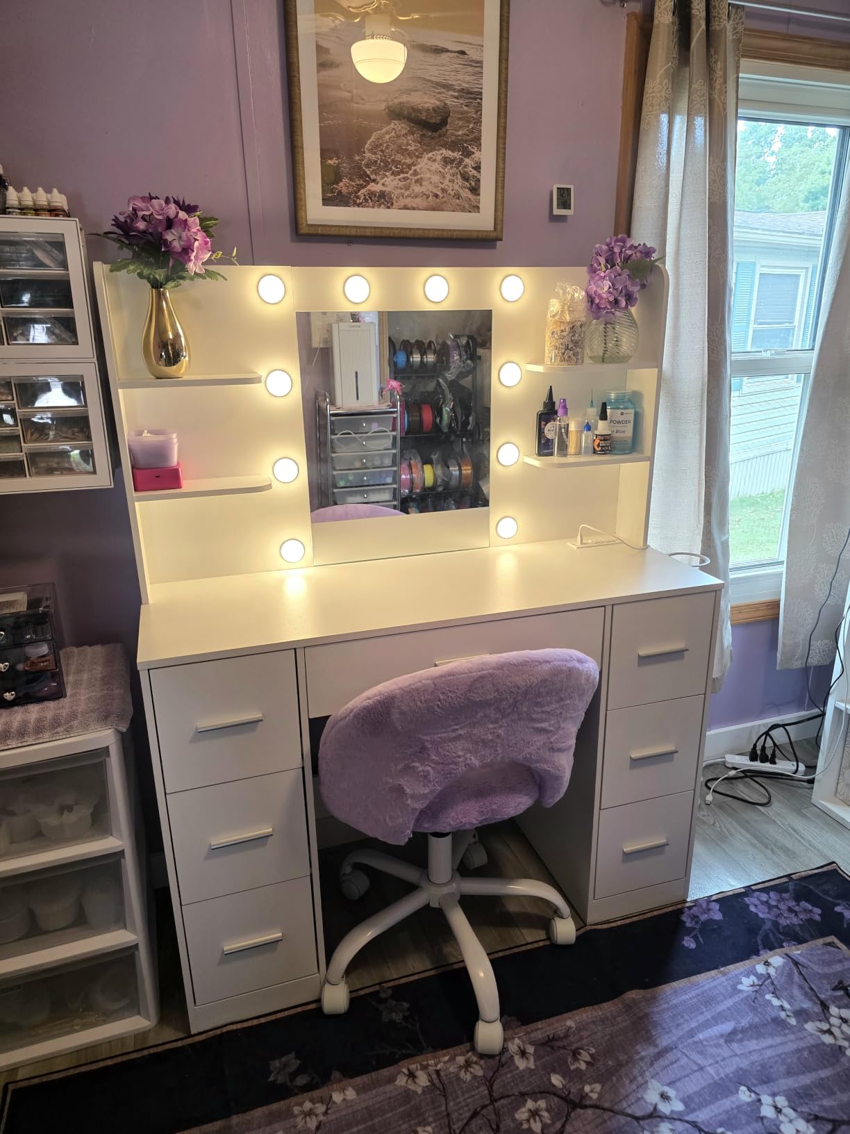Furmax Vanity Desk with Mirror, LED Lights and Power Outlet Makeup Vanity Table with 7 Drawers and 6 Storage Shelves Dressing Table for Bedroom Dressing Room (White) customer photo 1