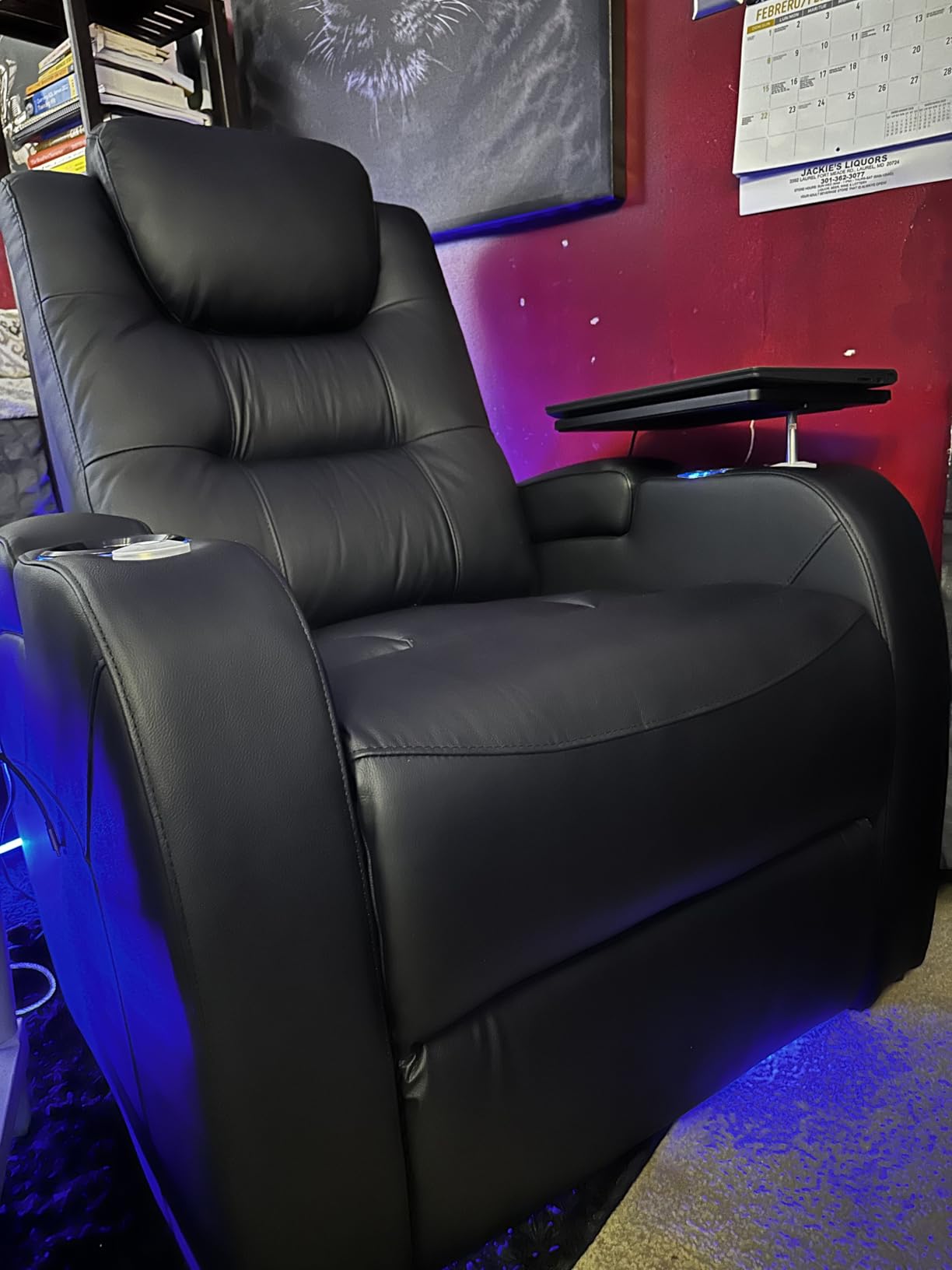 comfiroom Home Theater Seating, Top-Grain Leather Power Recliner Chair | Simple Style Black Dual Power Electric Headrest Movie Theater Chairs Gaming Sofa with Tray Table, Row of 1 customer photo 2