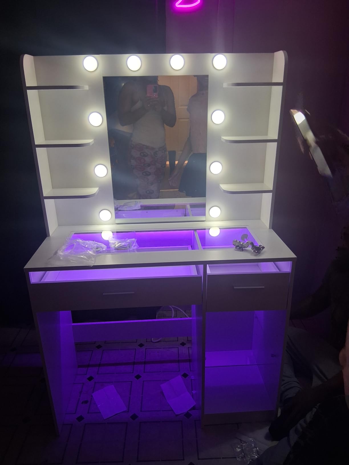 HUAHUU Vanity Desk with Mirror and Lights, Makeup Vanity Desk with Lights 3 Colors, Transparent Top Vanity with 2 RGB Drawers, 6 Shelves, Large Tempered Cabinet, Power Outlet, for Bedroom, White customer photo 1