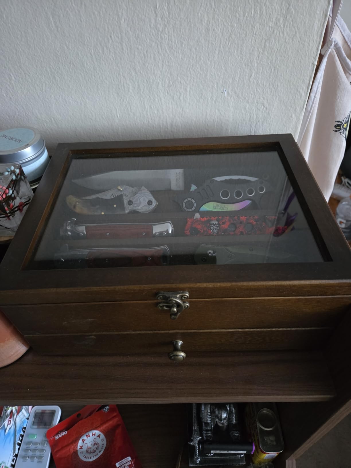 Knife Display Case, Knife Collection Display Holder with Glass Lid, 3-Layer Wooden Pocket Knife Case with Drawers (Walnut) customer photo 1