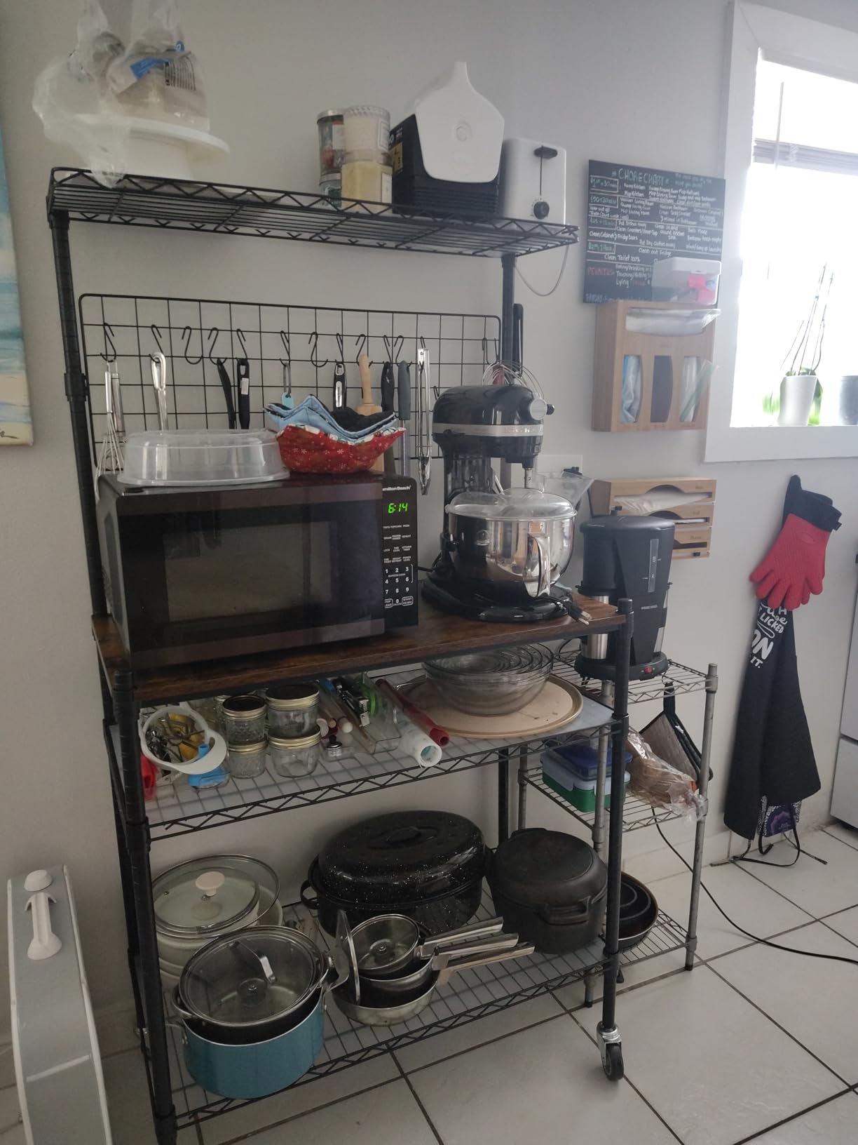 Bakers Rack with Power Outlet & Storage, 36In Microwave Stand Kitchen Cart | 4-Tier Metal Kitchen Shelves Cart with Wheels & 20 S-Hooks for Kitchen, NSF Certified, 63 x 18 x 36 Inch-Black customer photo 1