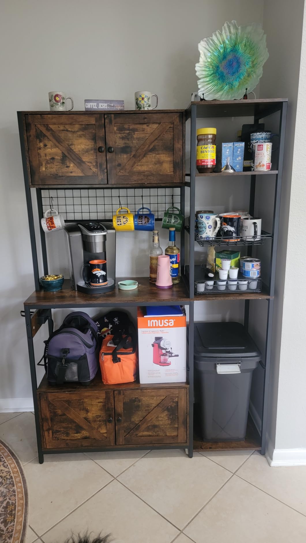 IRONCK Bakers Rack with 2 Storage Cabinets and Power Outlet, 45.3 Inch Industrial Coffee Bar Cabinet Shelves, Kitchen Microwave Stand with Storage, Vintage Brown customer photo 1